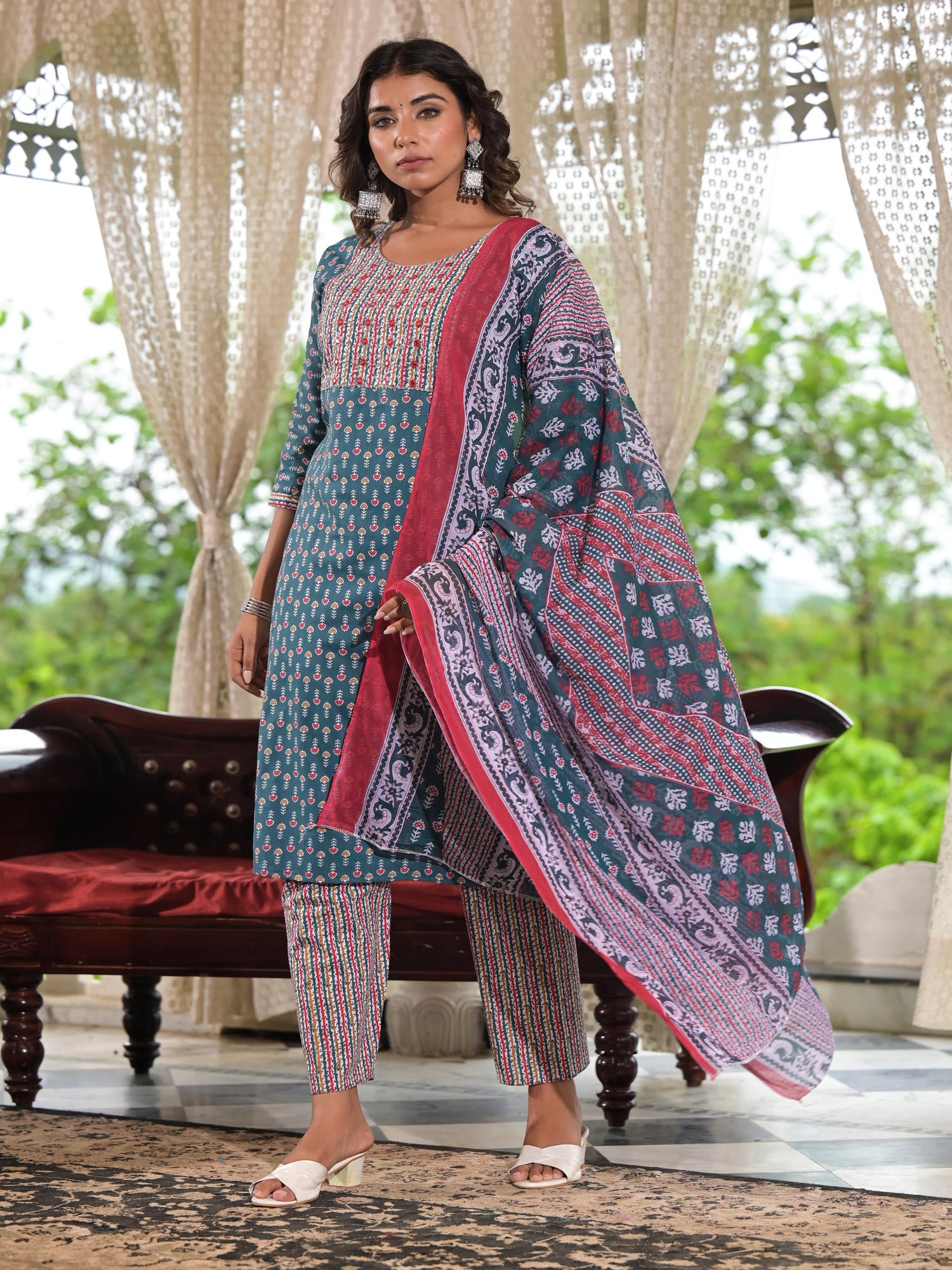 Juniper Teal Blue Ethnic Motif Printed Cotton Kurta, Pant And Dupatta Set With Zari & Thread Work