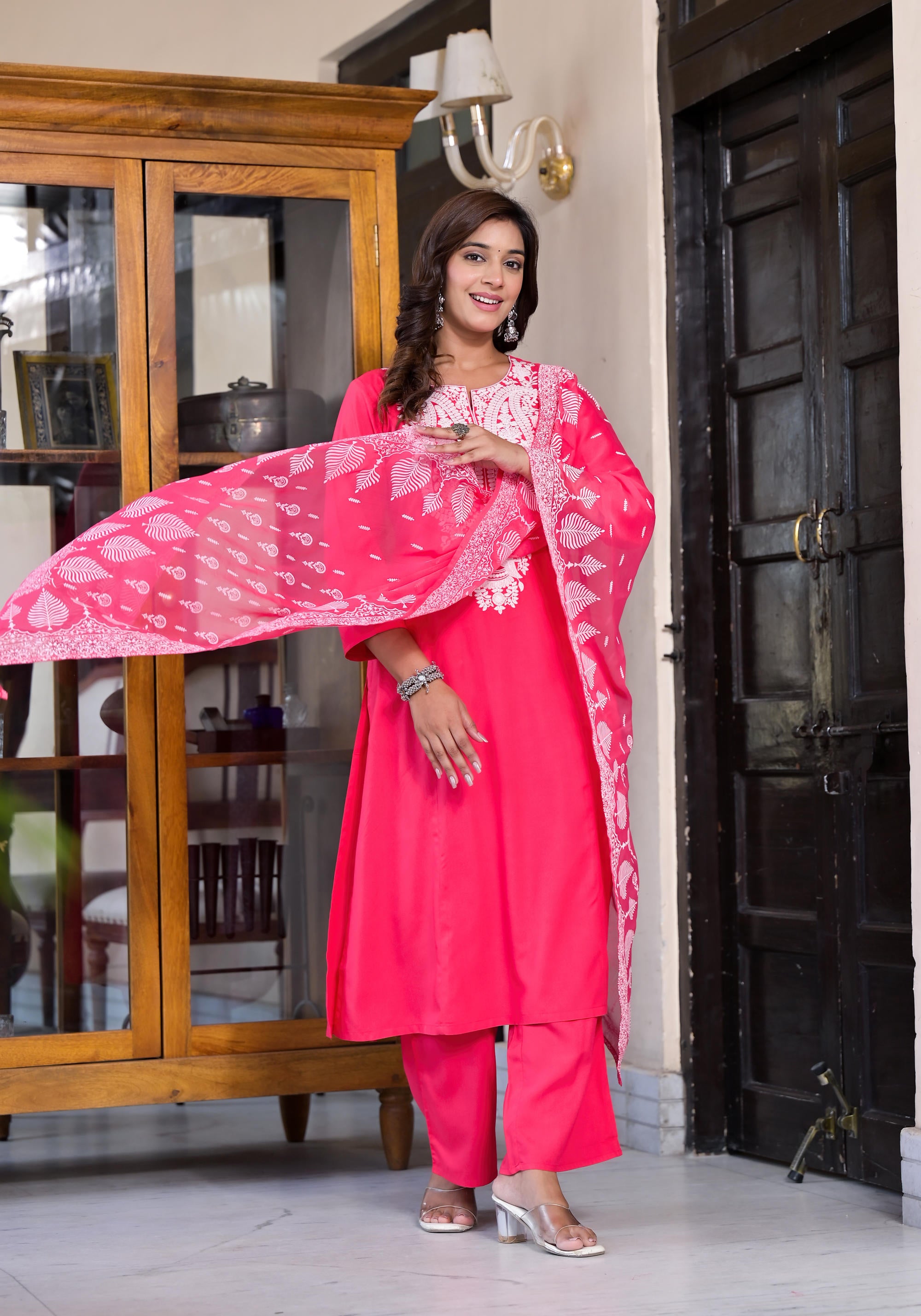 Fuchsia Thread Embroidered Liva Rayon Kurta Palazzo And Dupatta Set