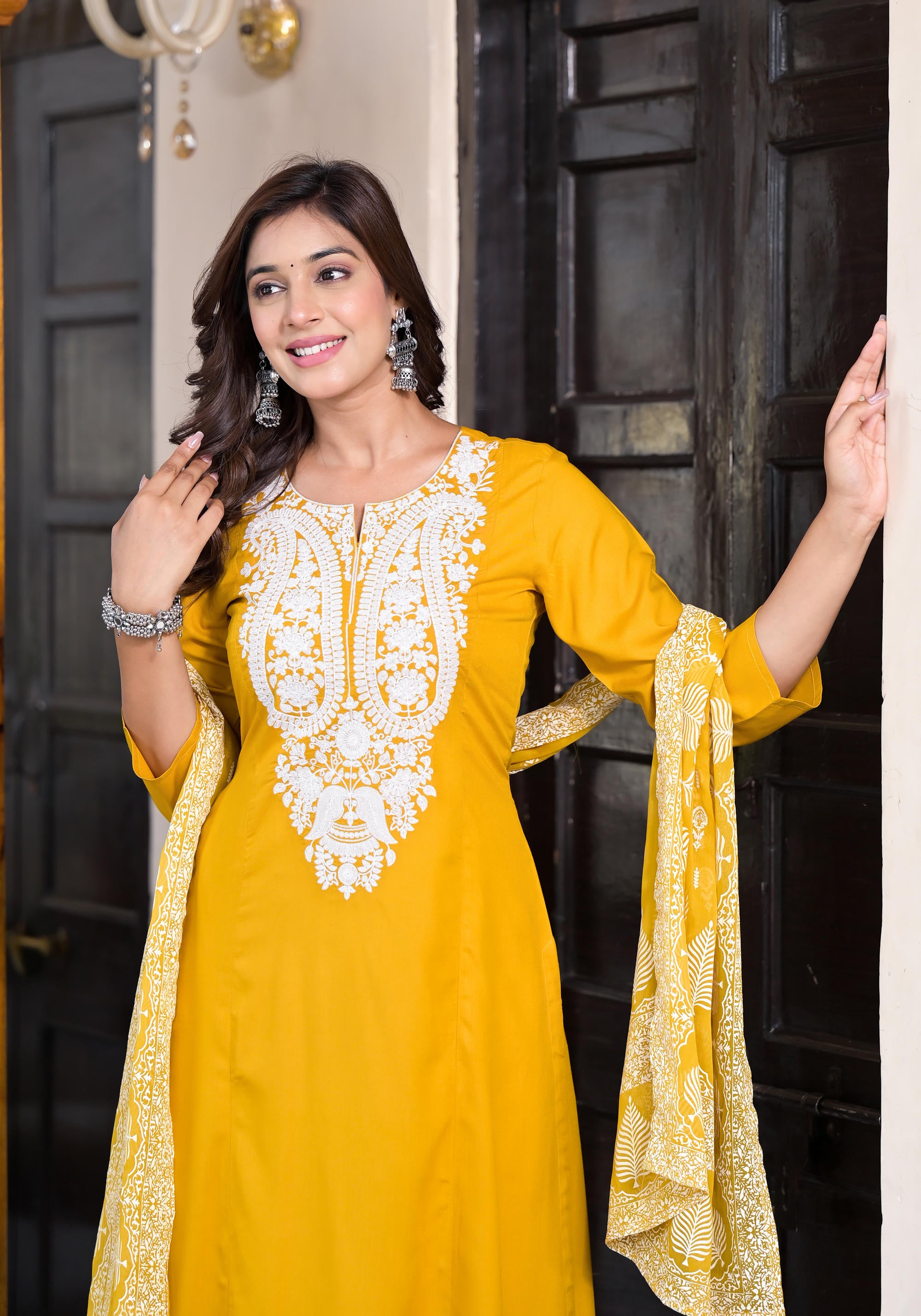 Mustard Thread Embroidered Liva Rayon Kurta Palazzo And Dupatta Set