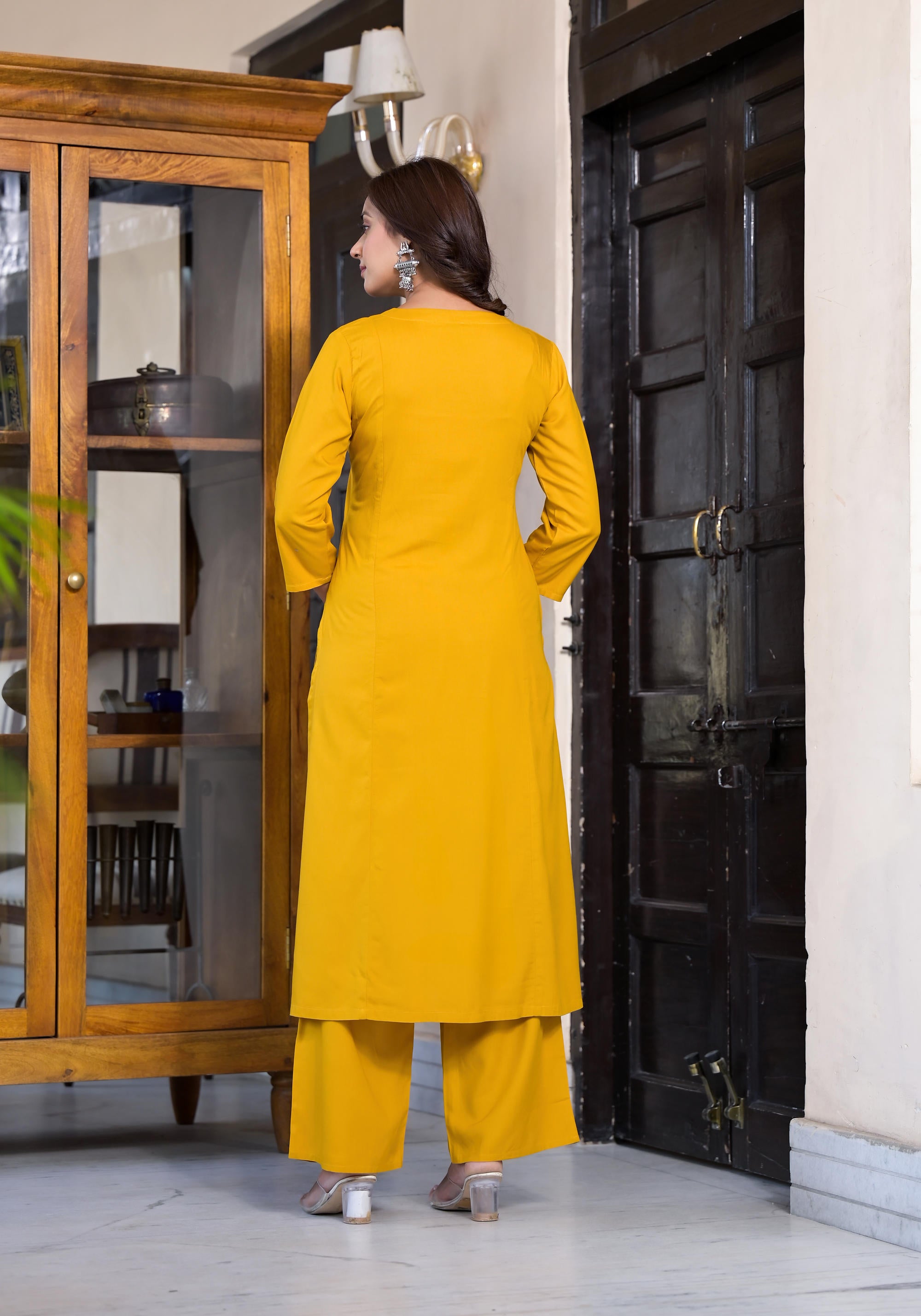 Mustard Thread Embroidered Liva Rayon Kurta Palazzo And Dupatta Set