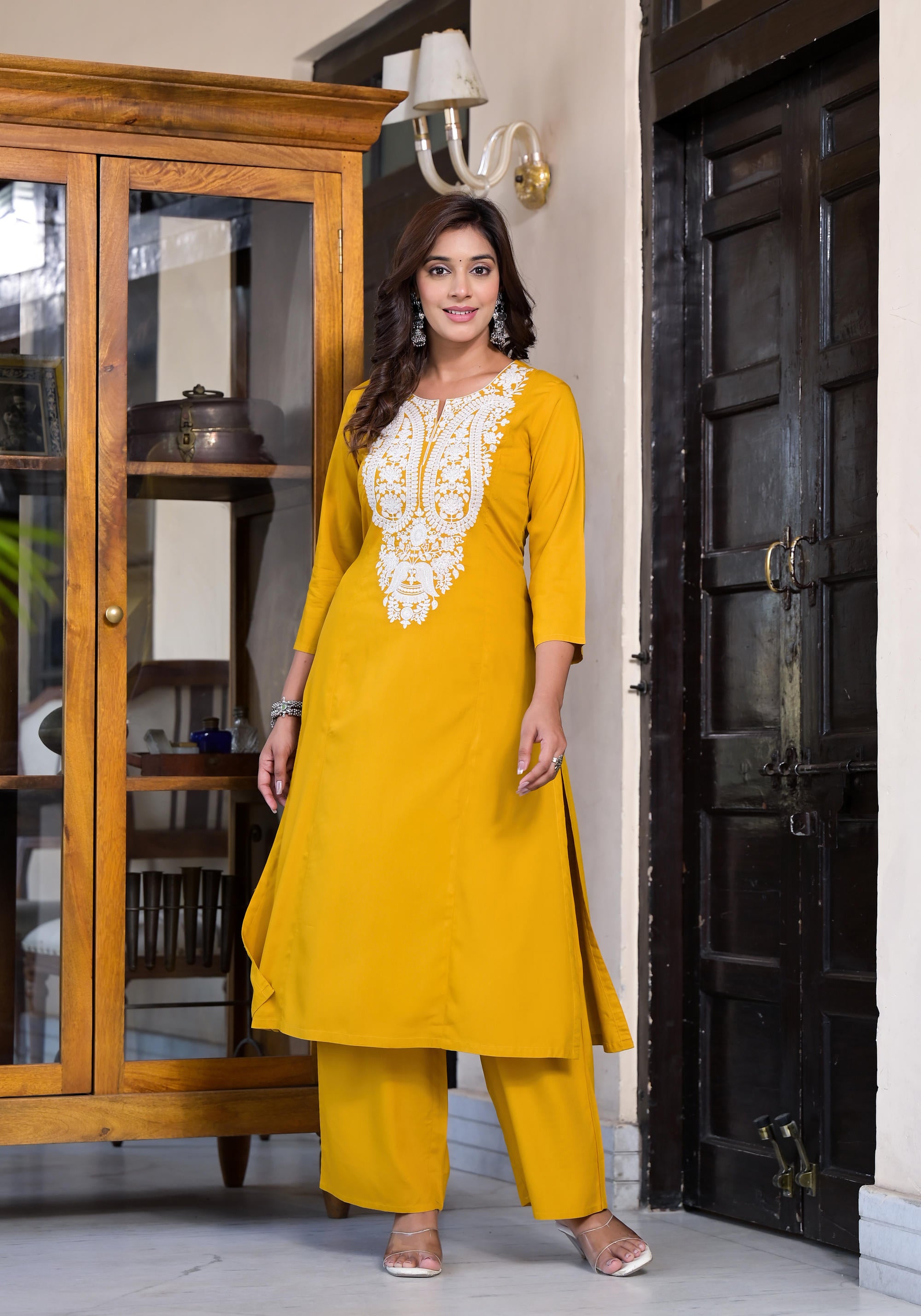 Mustard Thread Embroidered Liva Rayon Kurta Palazzo And Dupatta Set