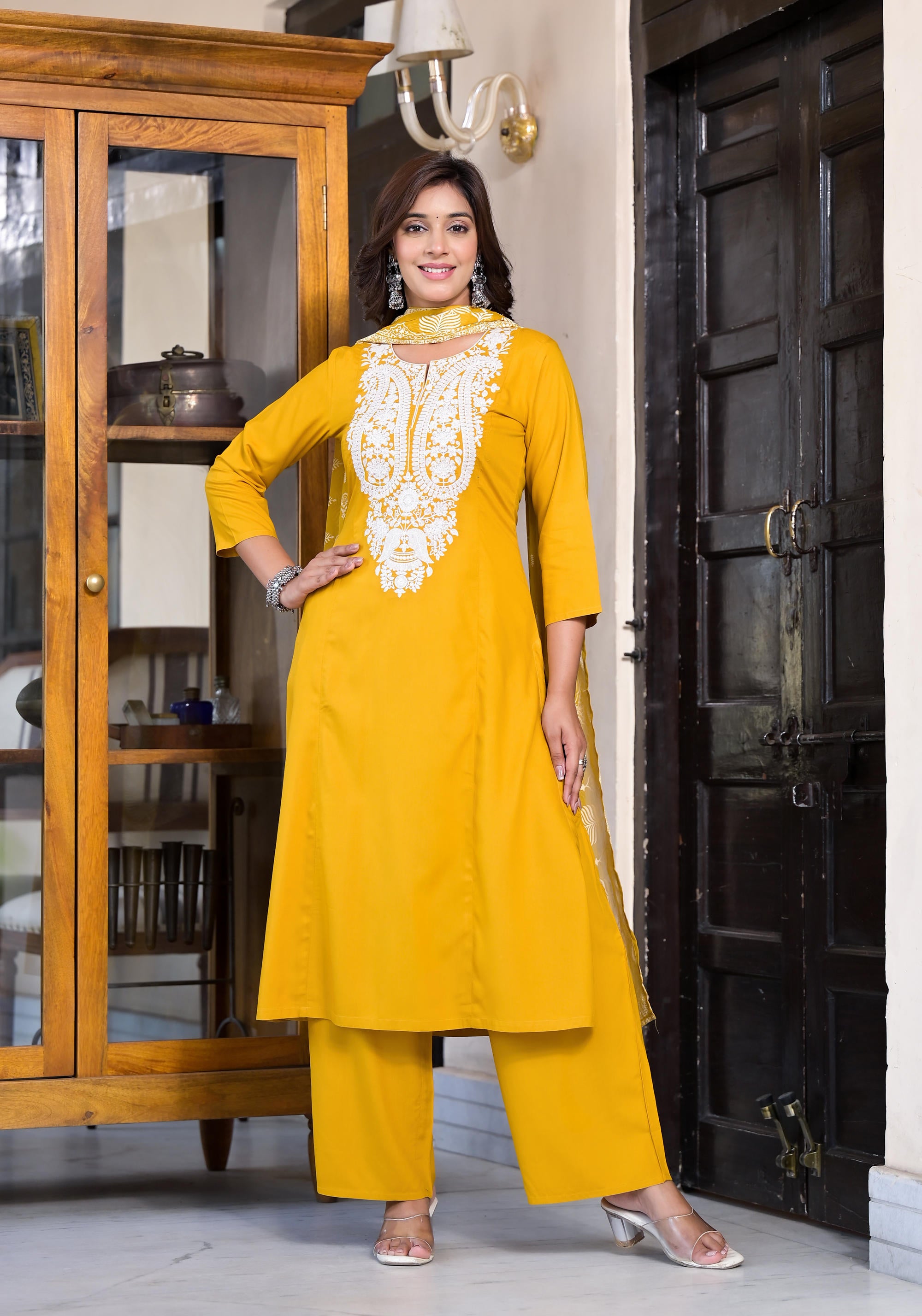 Mustard Thread Embroidered Liva Rayon Kurta Palazzo And Dupatta Set