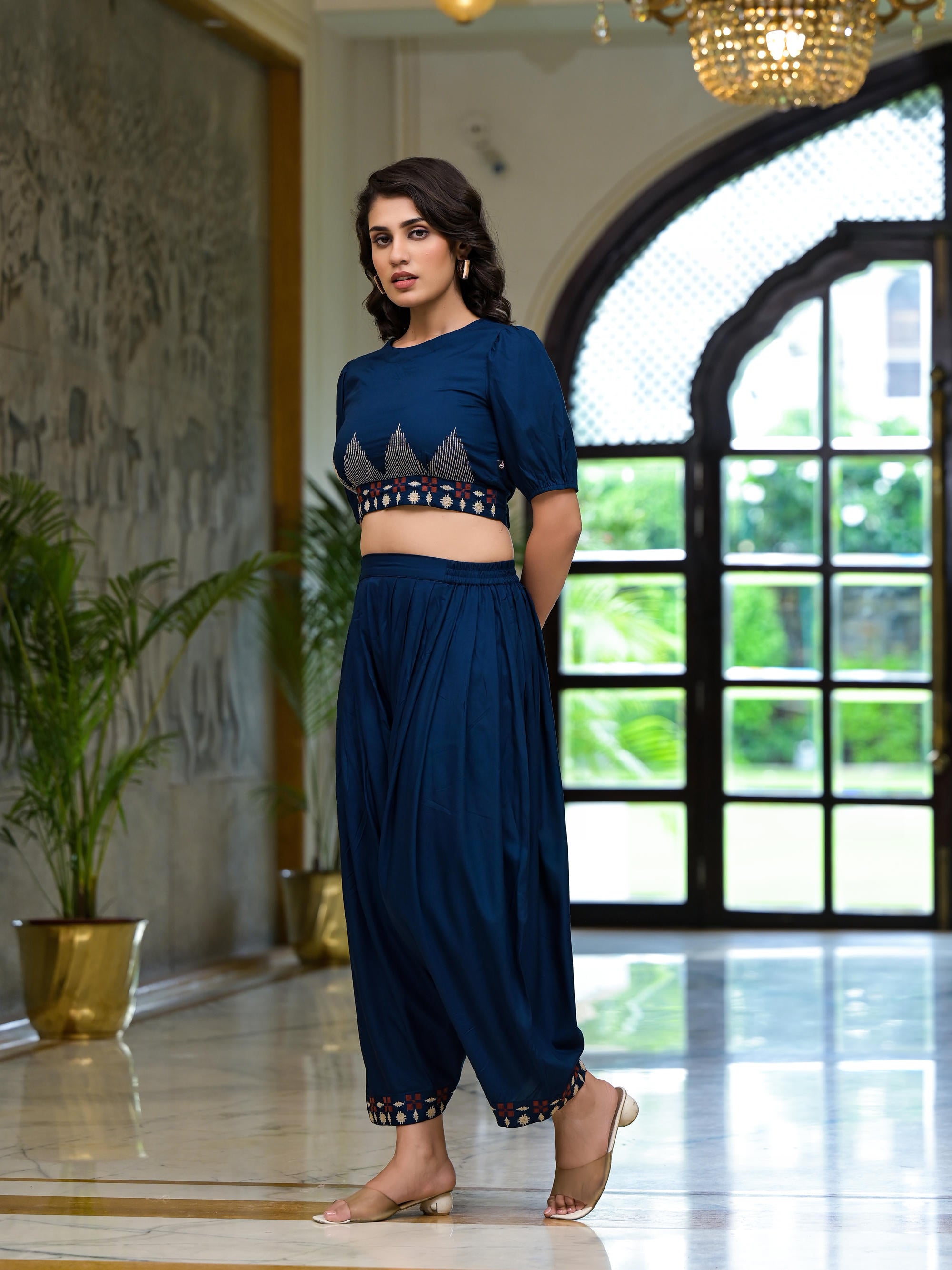 Navy Thread Embroidered Rayon Top & Dhoti Pant Set