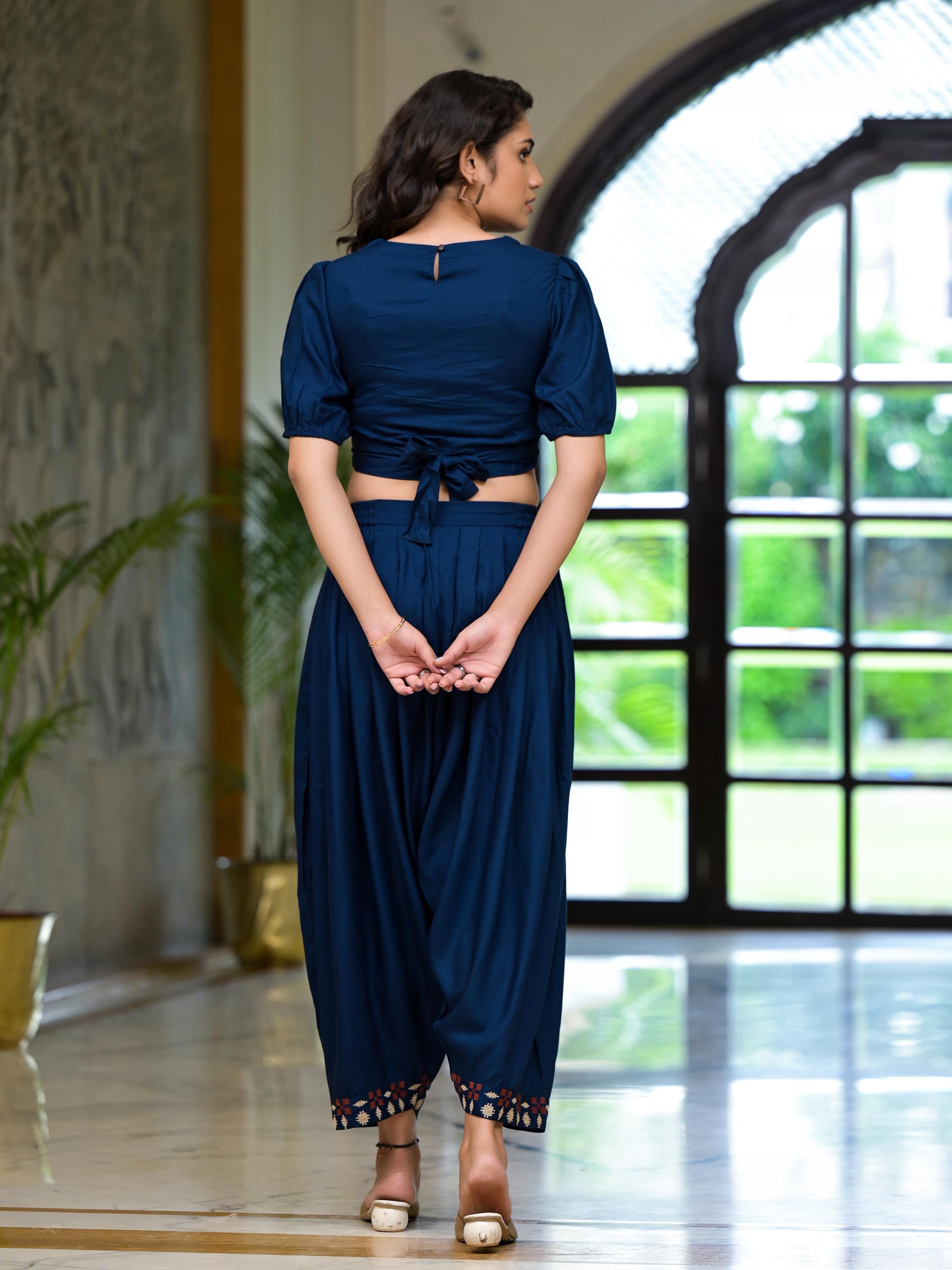 Navy Thread Embroidered Rayon Top & Dhoti Pant Set