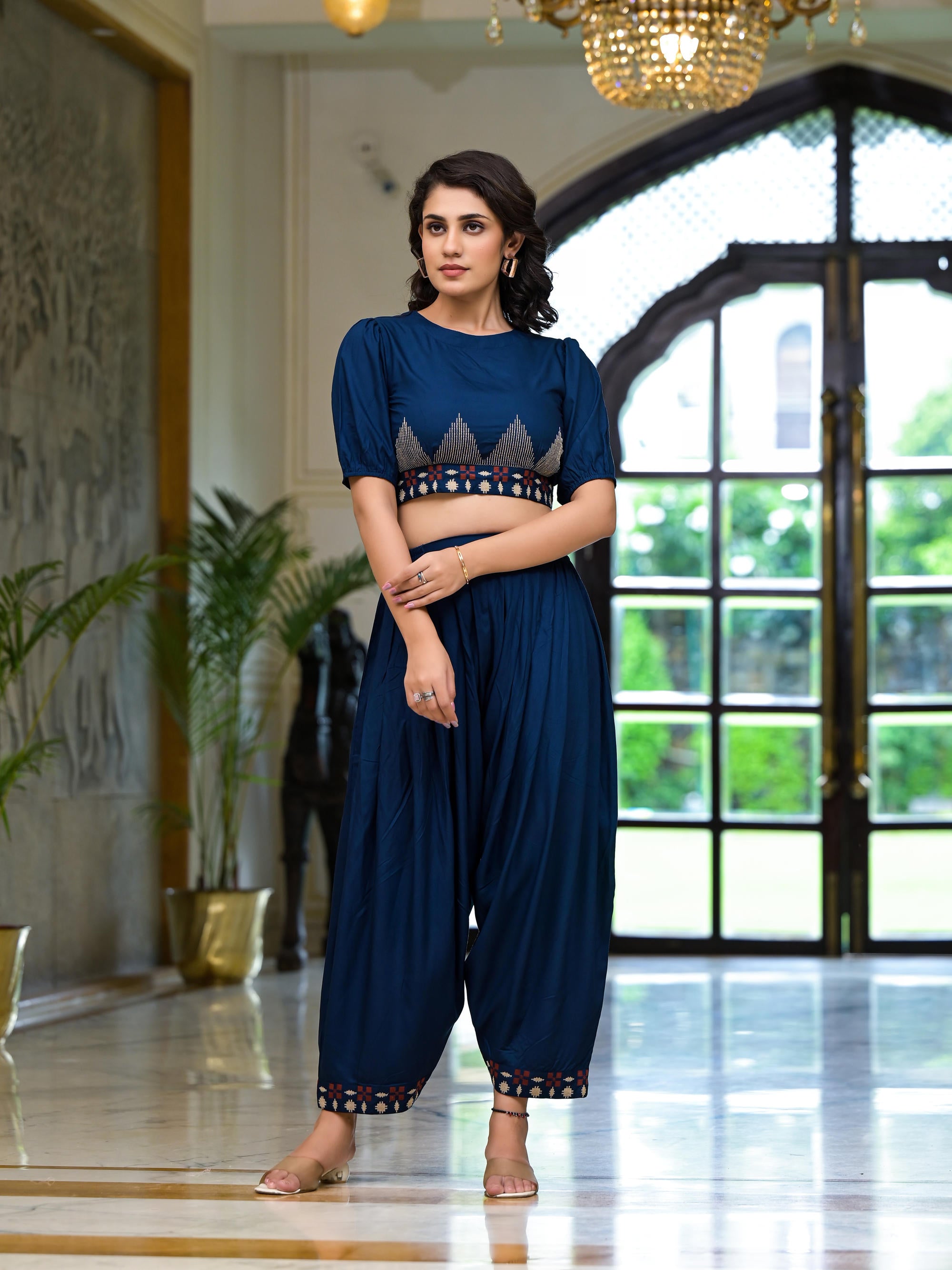 Navy Thread Embroidered Rayon Top & Dhoti Pant Set