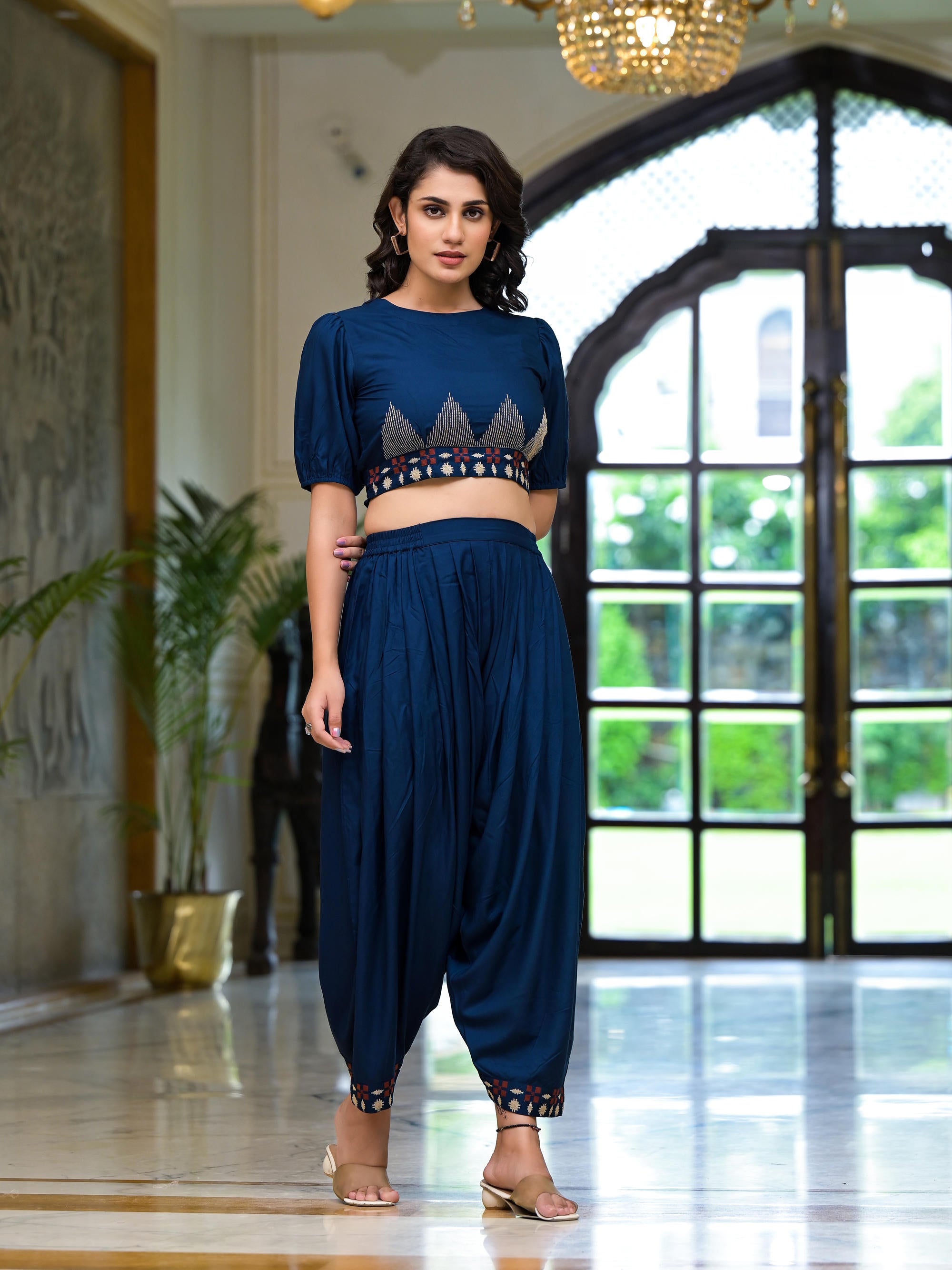 Navy Thread Embroidered Rayon Top & Dhoti Pant Set