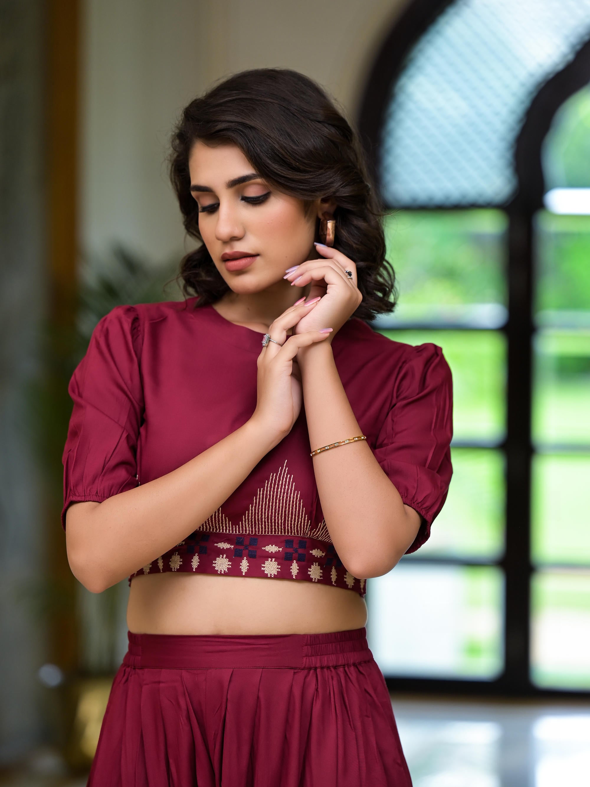 Rust Thread Embroidered Rayon Top & Dhoti Pant Set