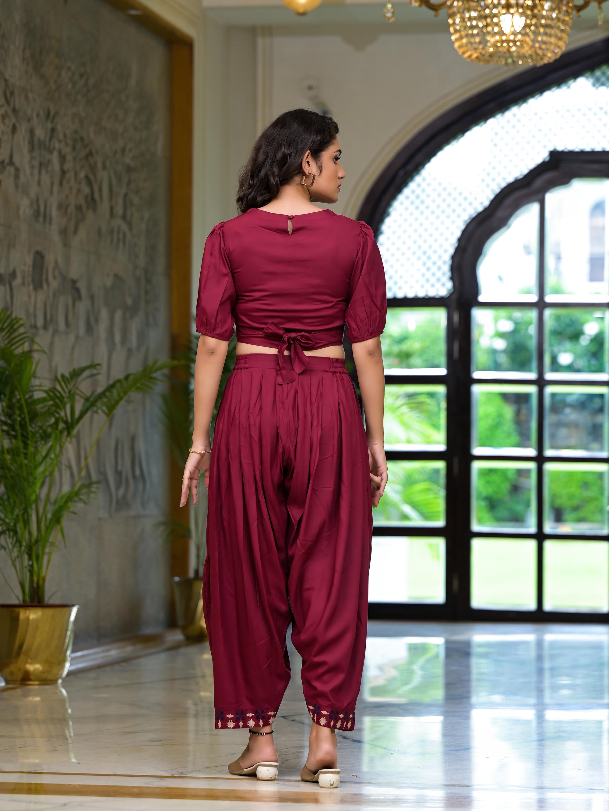 Rust Thread Embroidered Rayon Top & Dhoti Pant Set