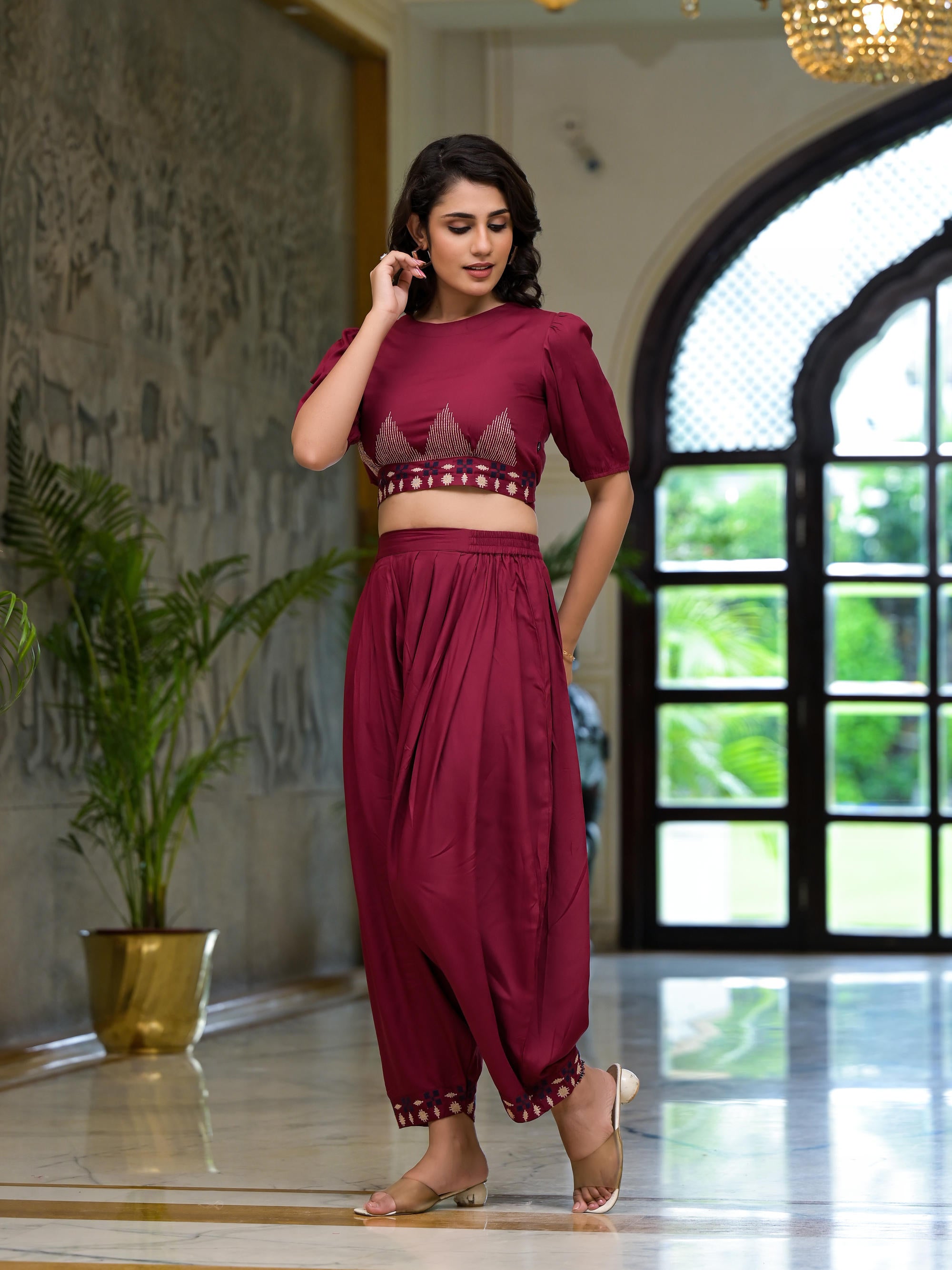 Rust Thread Embroidered Rayon Top & Dhoti Pant Set