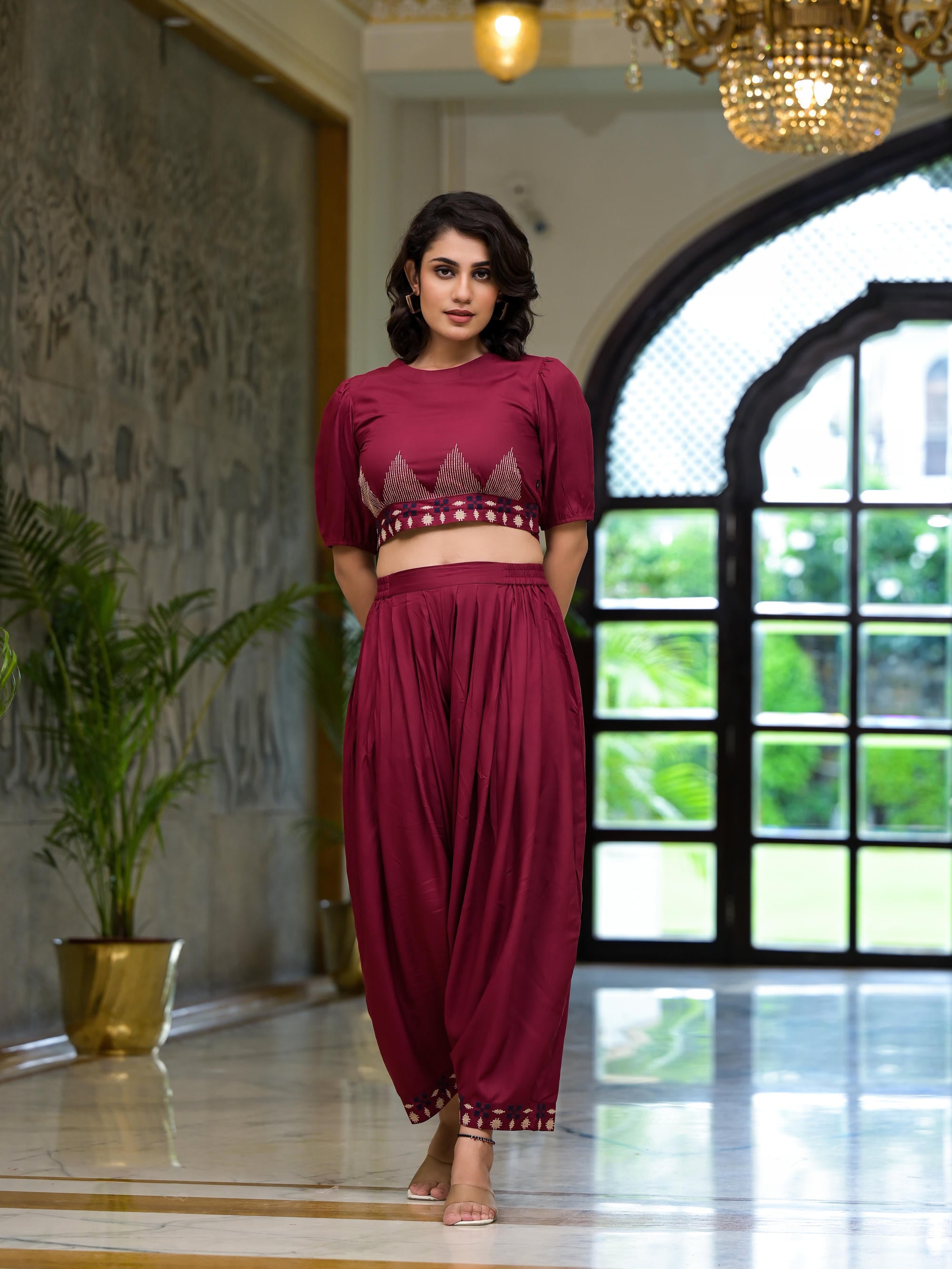 Rust Thread Embroidered Rayon Top & Dhoti Pant Set