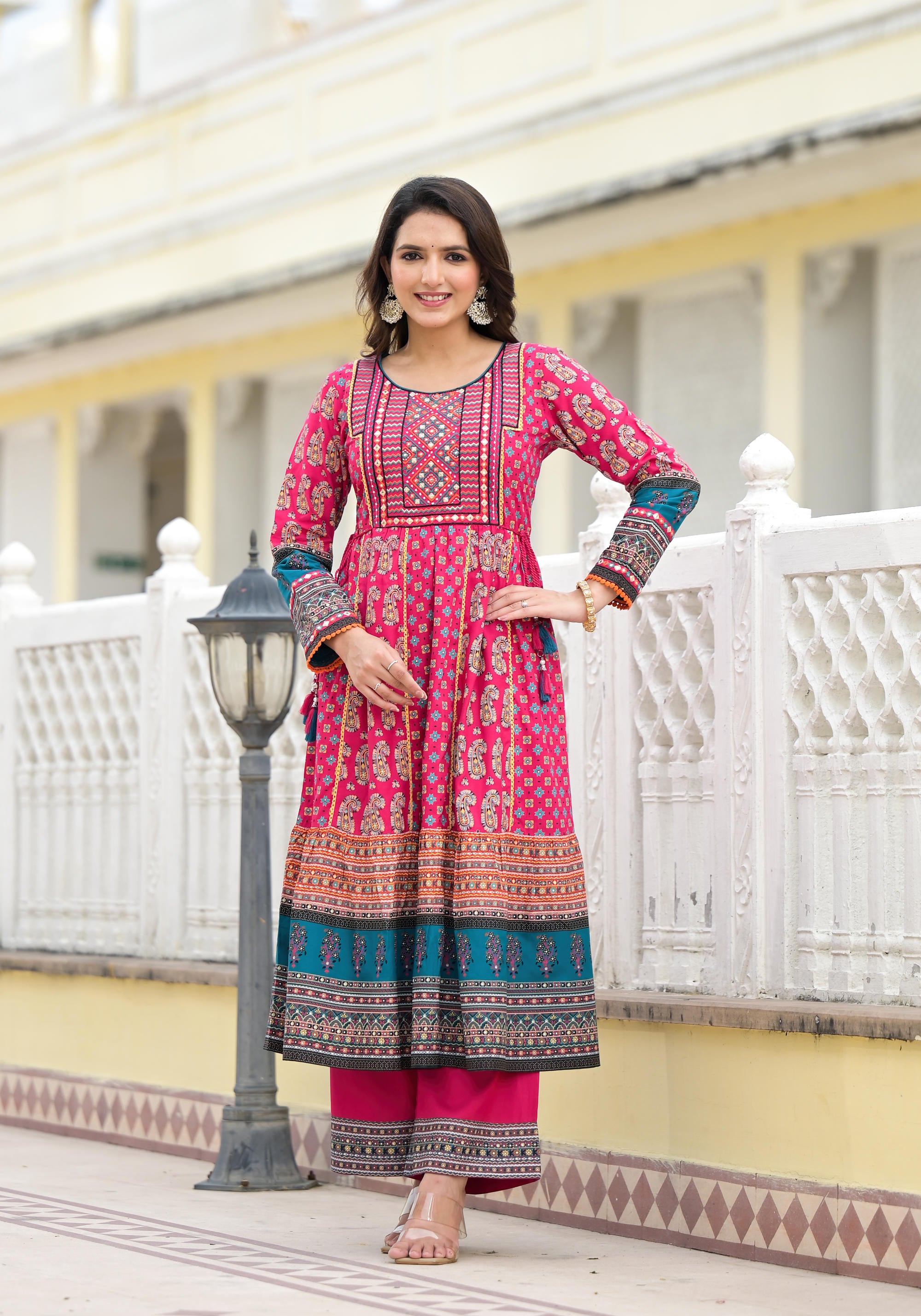 Fuchsia Ethnic Motif Printed Rayon Kurta Palazzo With Dupatta Set With Thread & Mirror Work