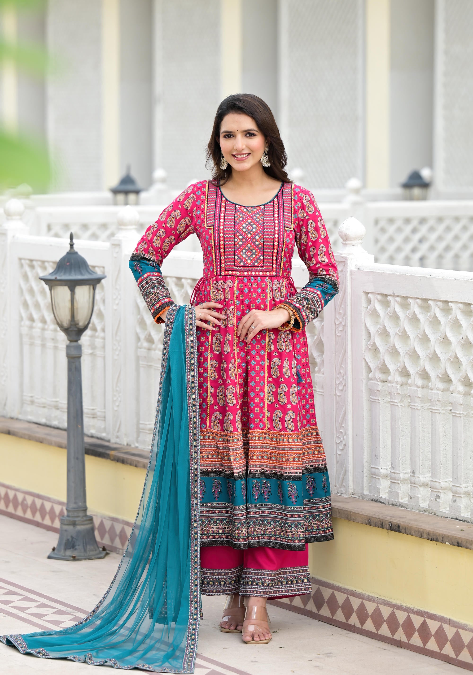 Fuchsia Ethnic Motif Printed Rayon Kurta Palazzo With Dupatta Set With Thread & Mirror Work