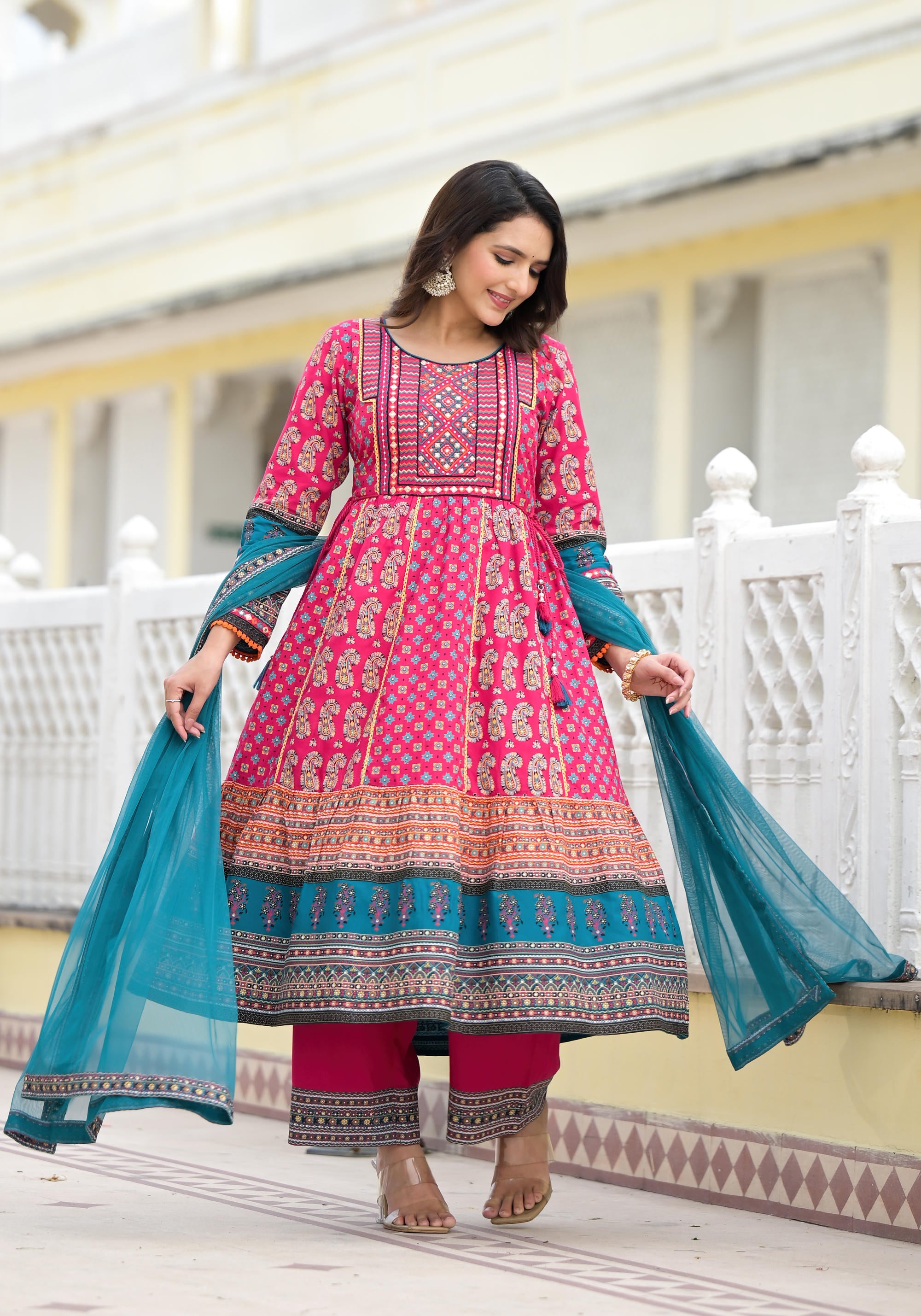 Fuchsia Ethnic Motif Printed Rayon Kurta Palazzo With Dupatta Set With Thread & Mirror Work