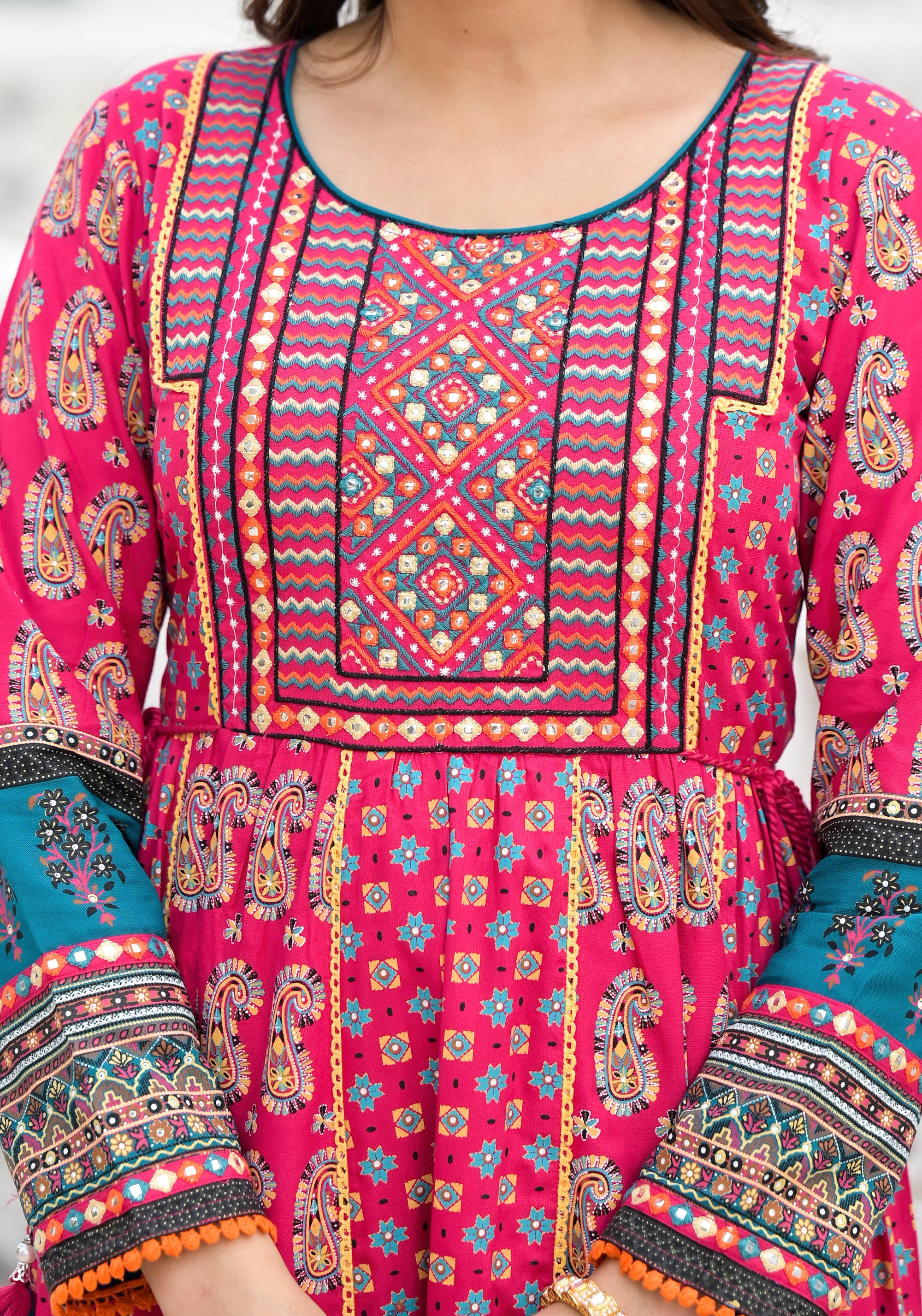 Fuchsia Ethnic Motif Printed Rayon Kurta Palazzo With Dupatta Set With Thread & Mirror Work