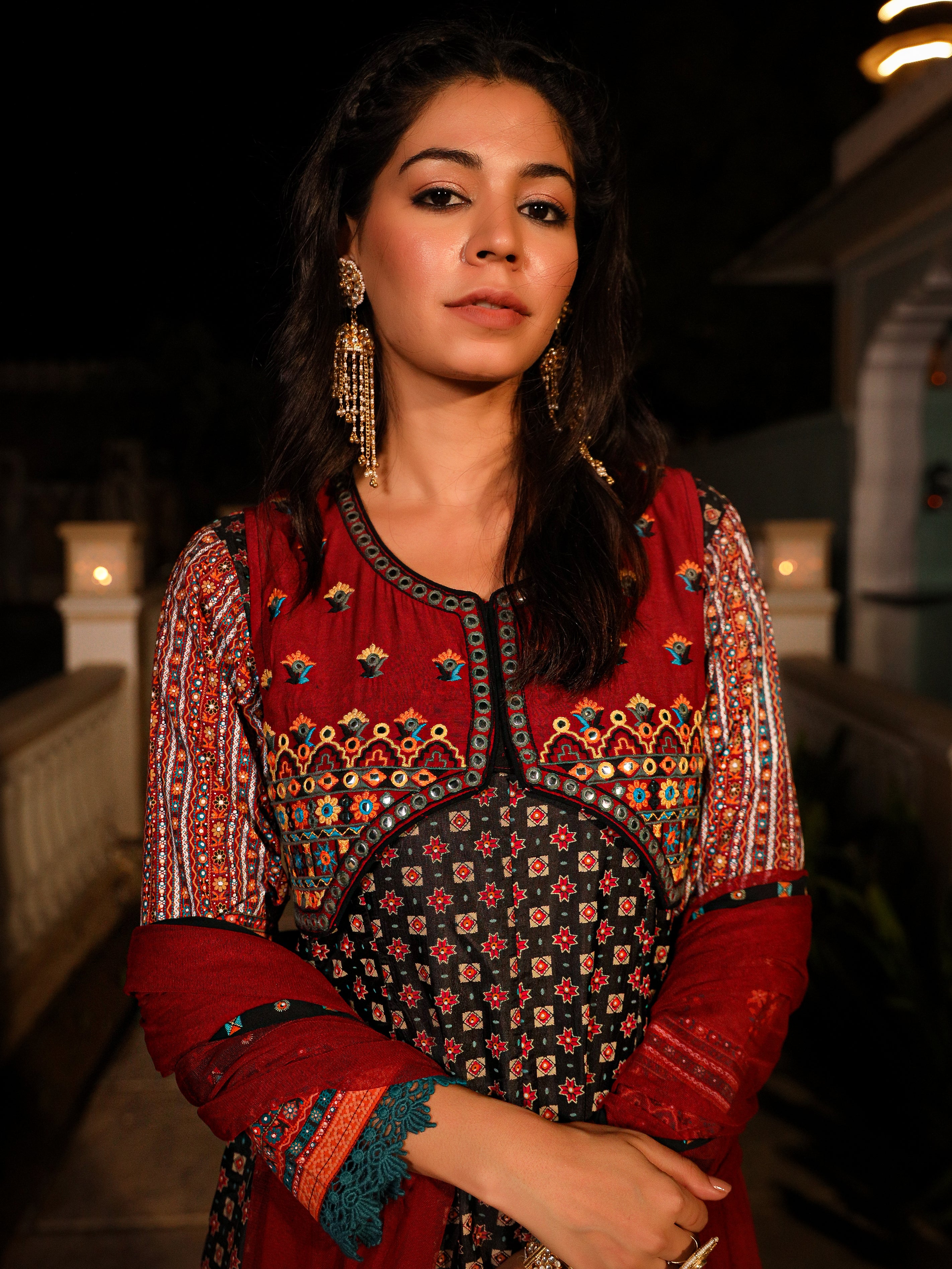 Black Ethnic Motif Printed Rayon A-lined Kurta Palazzo And Dupatta With Mirror & Thread Work