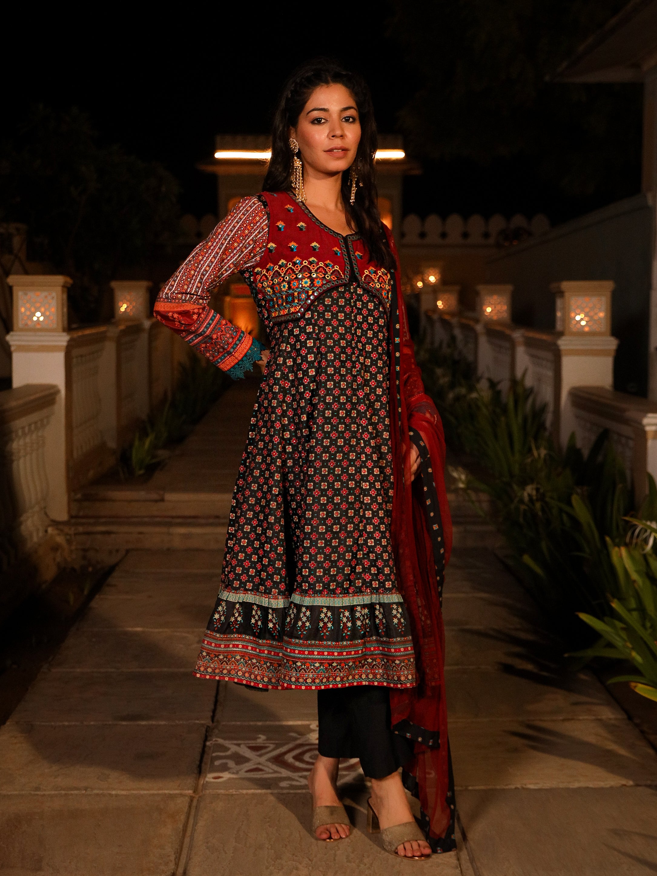 Black Ethnic Motif Printed Rayon A-lined Kurta Palazzo And Dupatta With Mirror & Thread Work