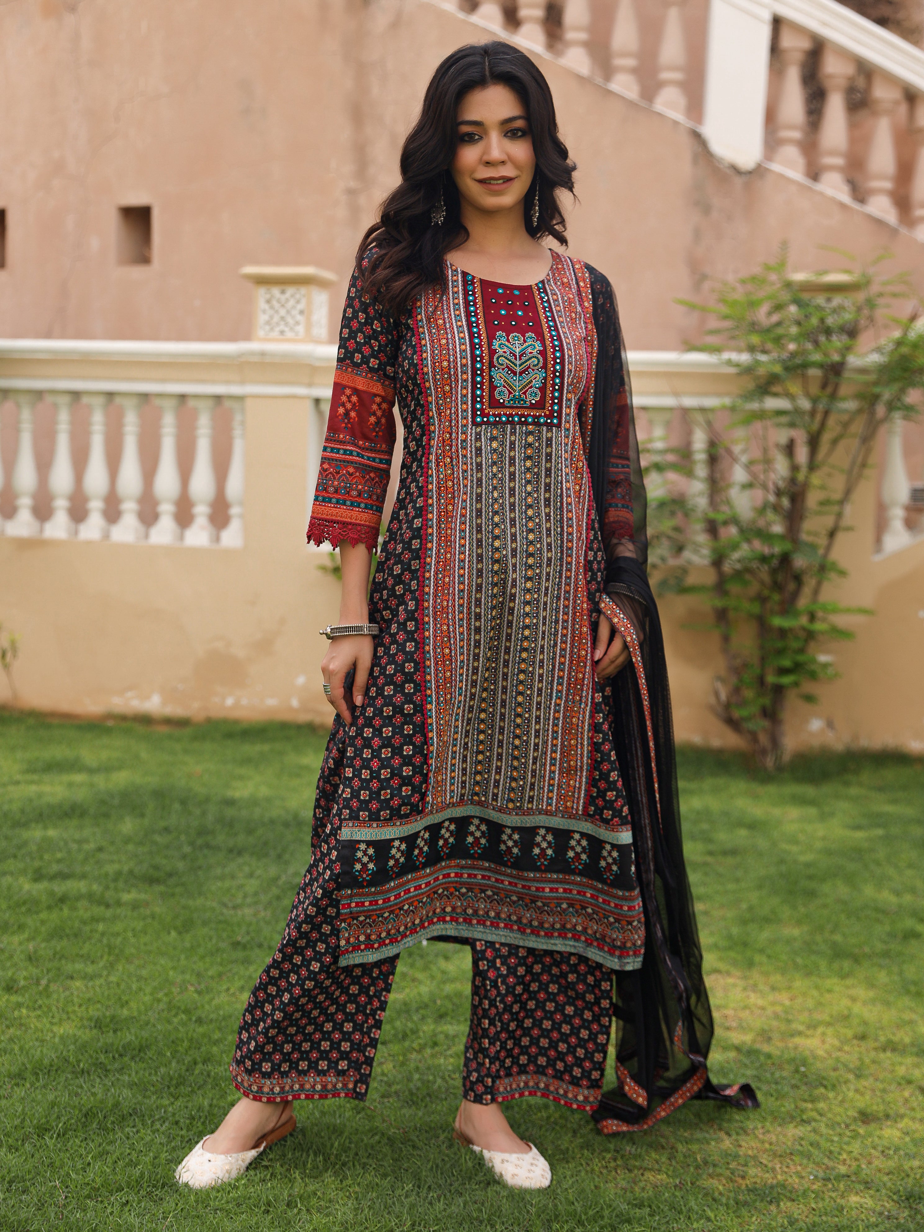 Black Ethnic Motif Printed Rayon Kurta Palazzo And Dupatta With Mirror & Thread Work