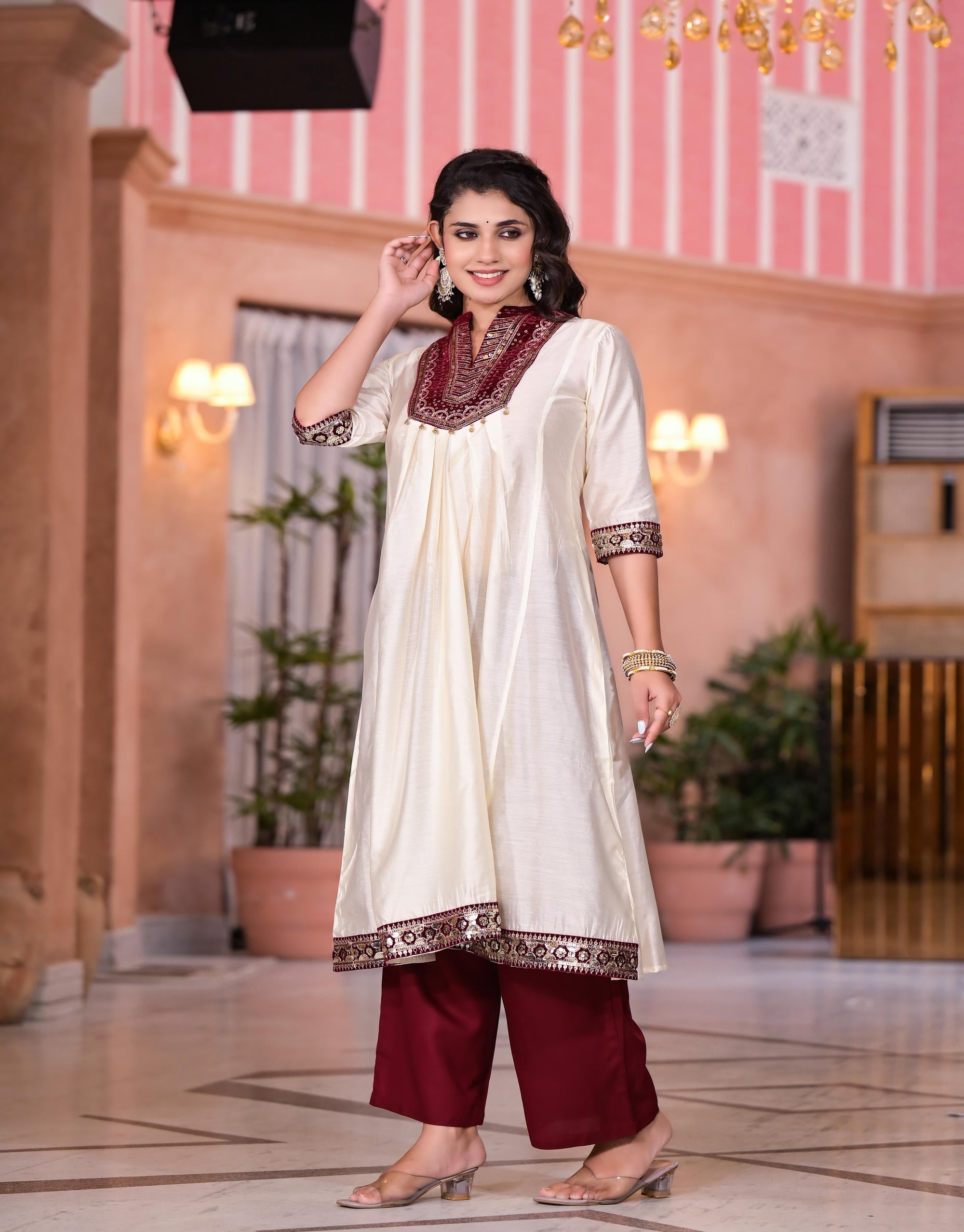 Ivory Zari Embroidered Chanderi Kurta Set With Sequins & Beads