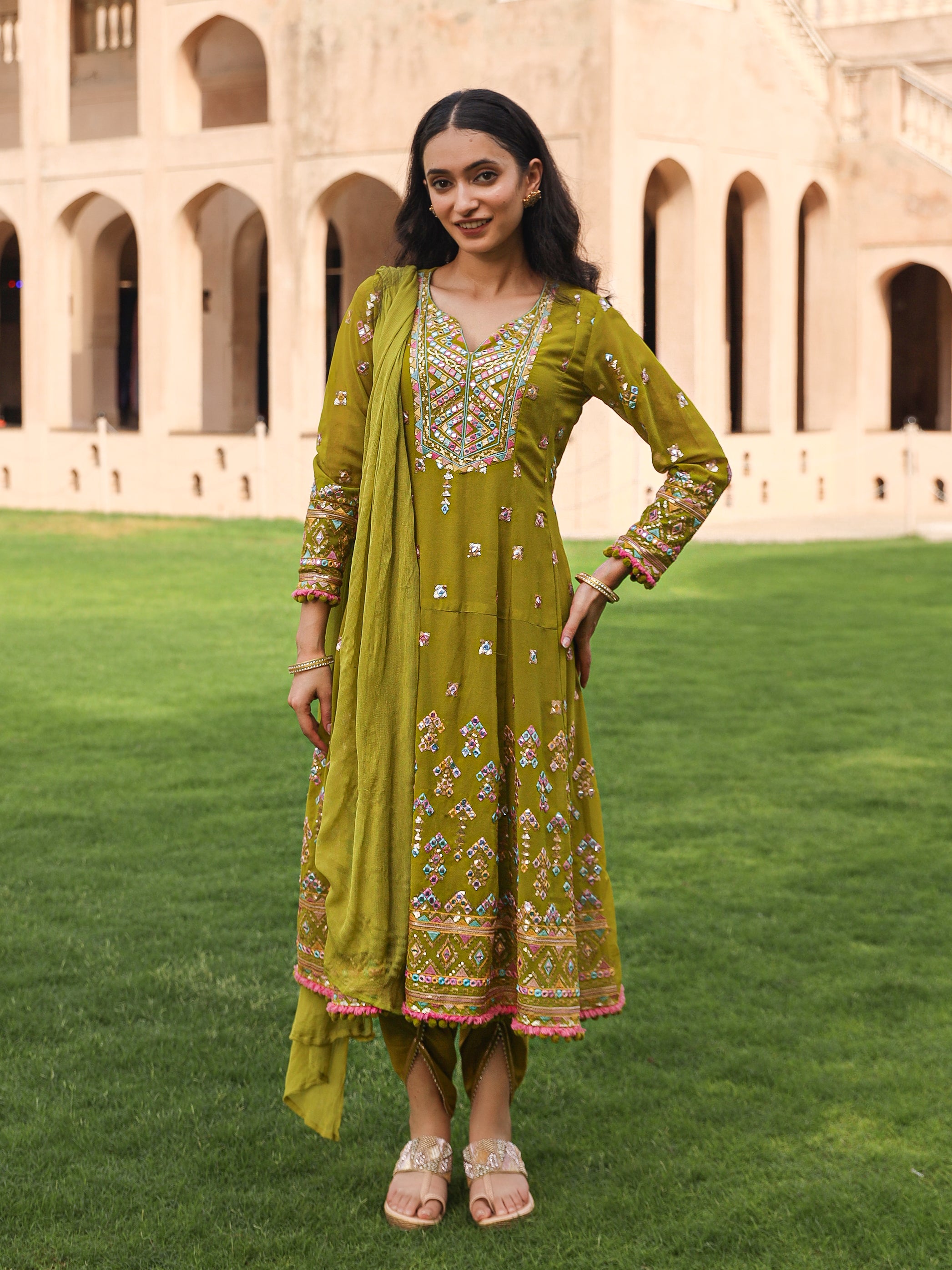 Green Thread Embroidered Georgette Kurta Dhoti Pant & Dupatta Set With Mirror Work & Sequins