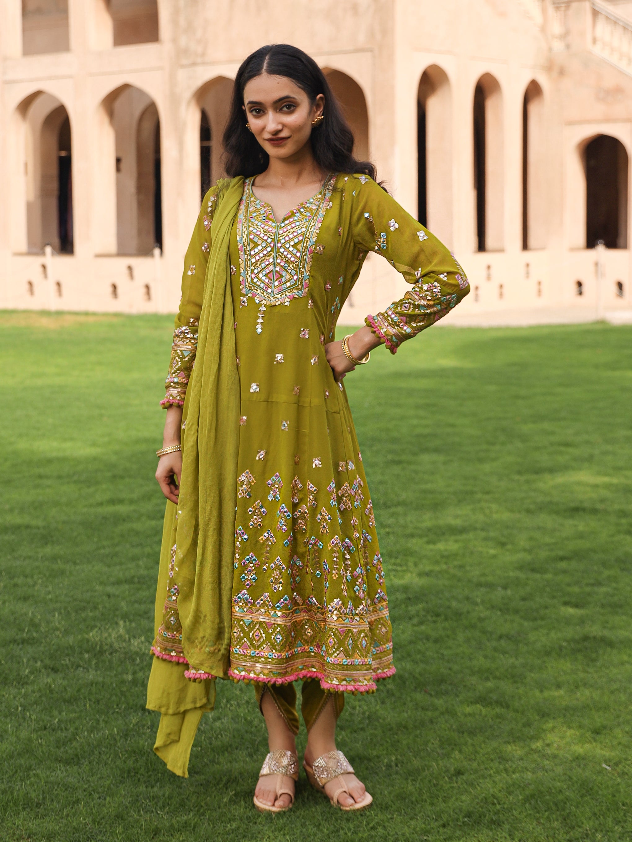 Green Thread Embroidered Georgette Kurta Dhoti Pant & Dupatta Set With Mirror Work & Sequins