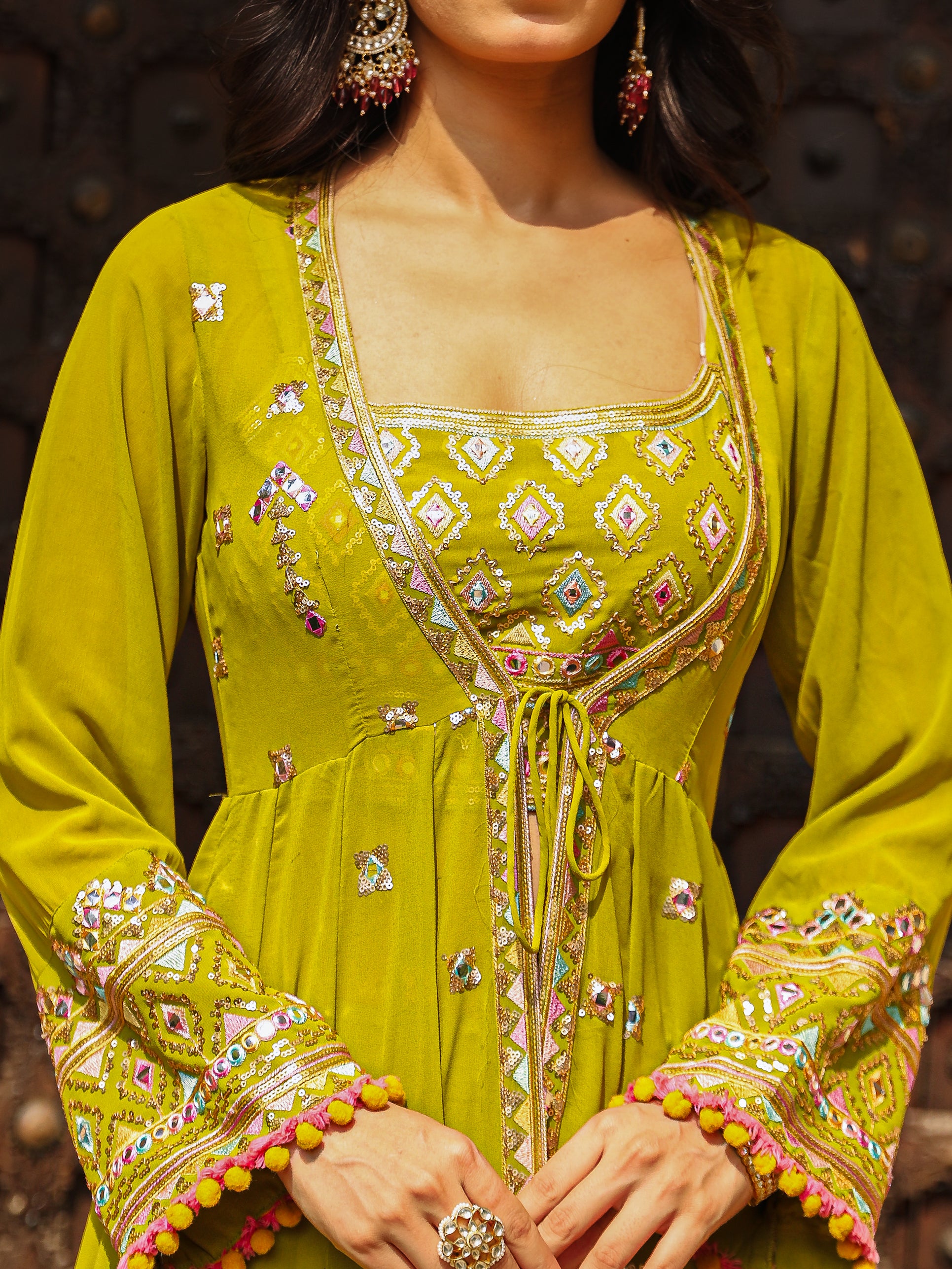 Green Thread Embroidered Georgette Shrug Top & Palazzo Set With Mirror Work & Sequins