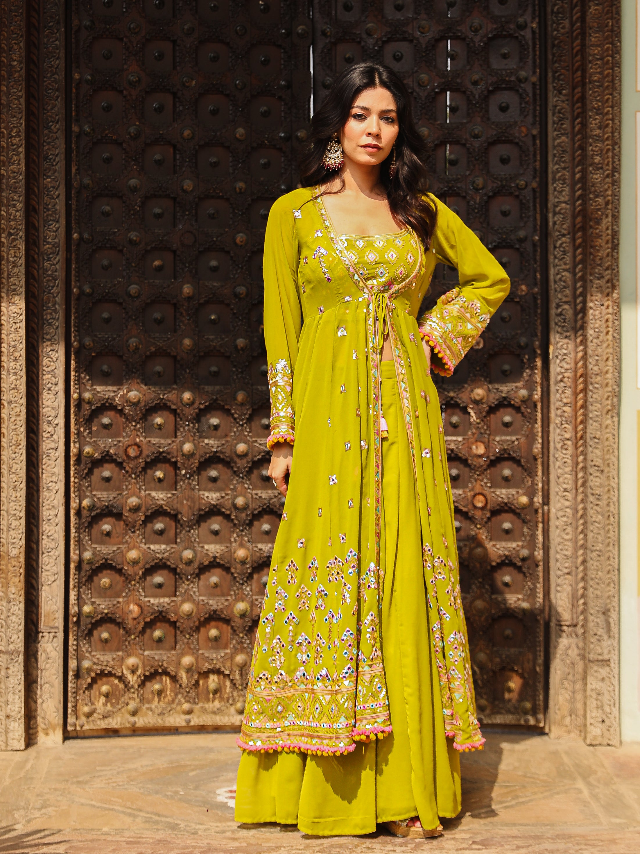 Green Thread Embroidered Georgette Shrug Top & Palazzo Set With Mirror Work & Sequins