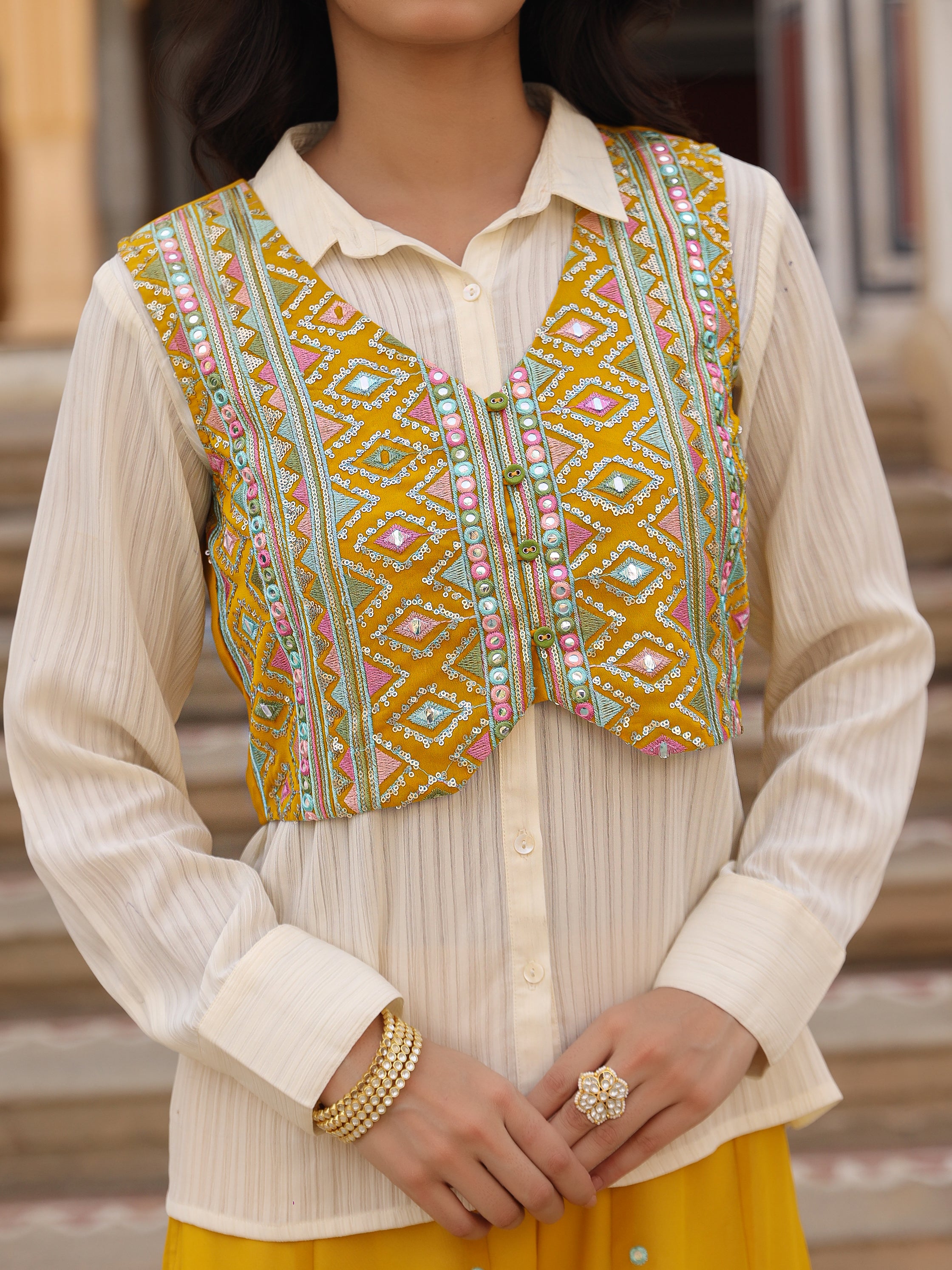 Mustard Thread Embroidered Georgette Shirt Jacket & Palazzo Set With Mirror Work & Sequins