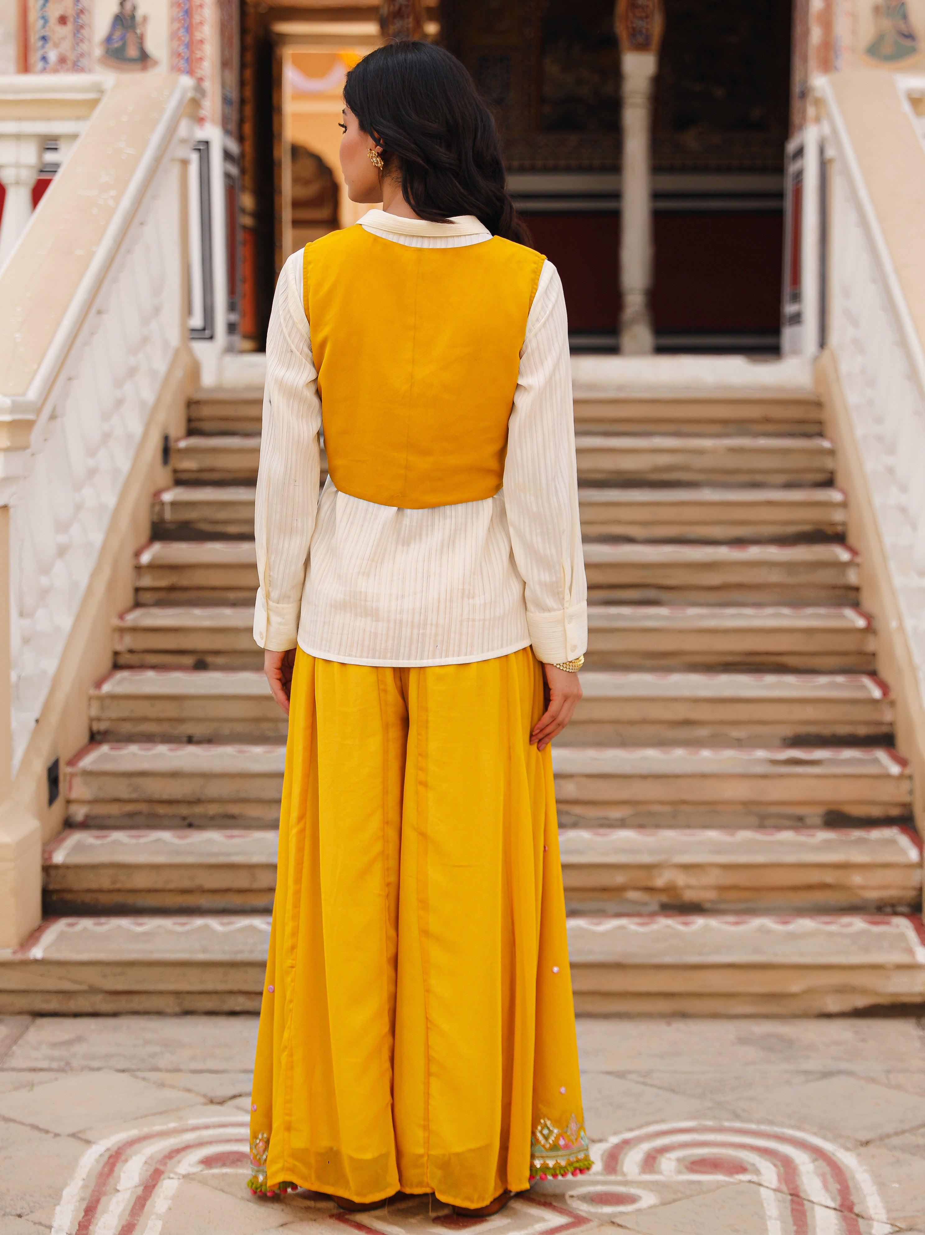 Mustard Thread Embroidered Georgette Shirt Jacket & Palazzo Set With Mirror Work & Sequins