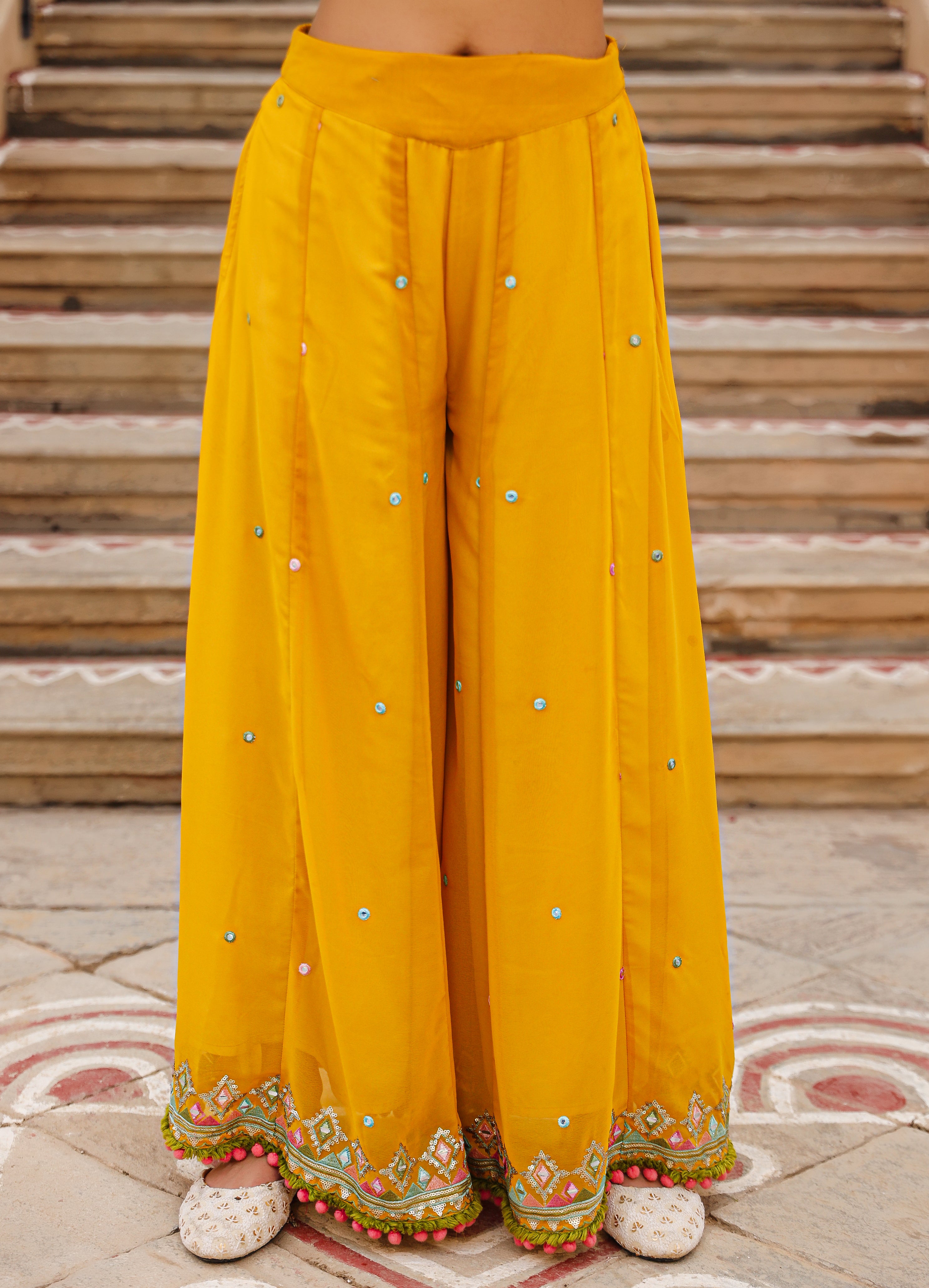 Mustard Thread Embroidered Georgette Shirt Jacket & Palazzo Set With Mirror Work & Sequins