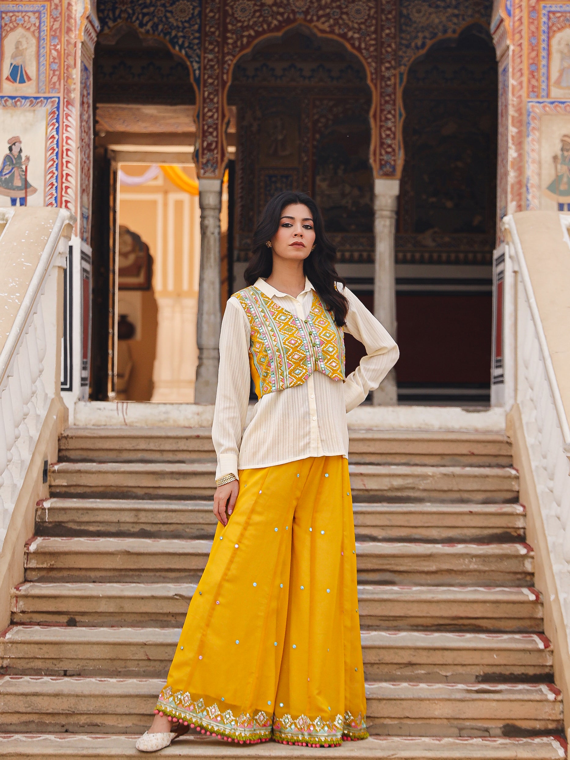 Mustard Thread Embroidered Georgette Shirt Jacket & Palazzo Set With Mirror Work & Sequins