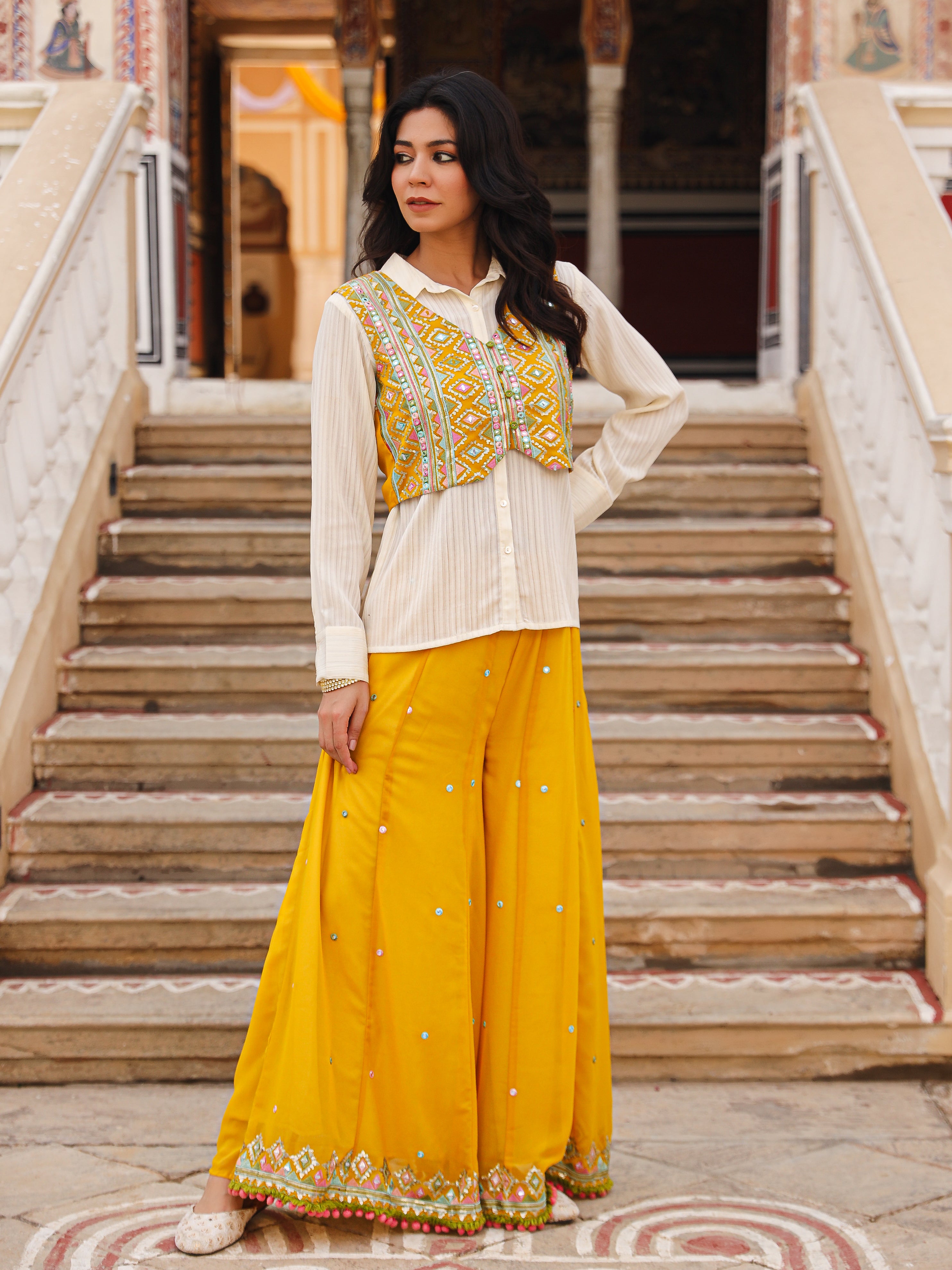 Mustard Thread Embroidered Georgette Shirt Jacket & Palazzo Set With Mirror Work & Sequins