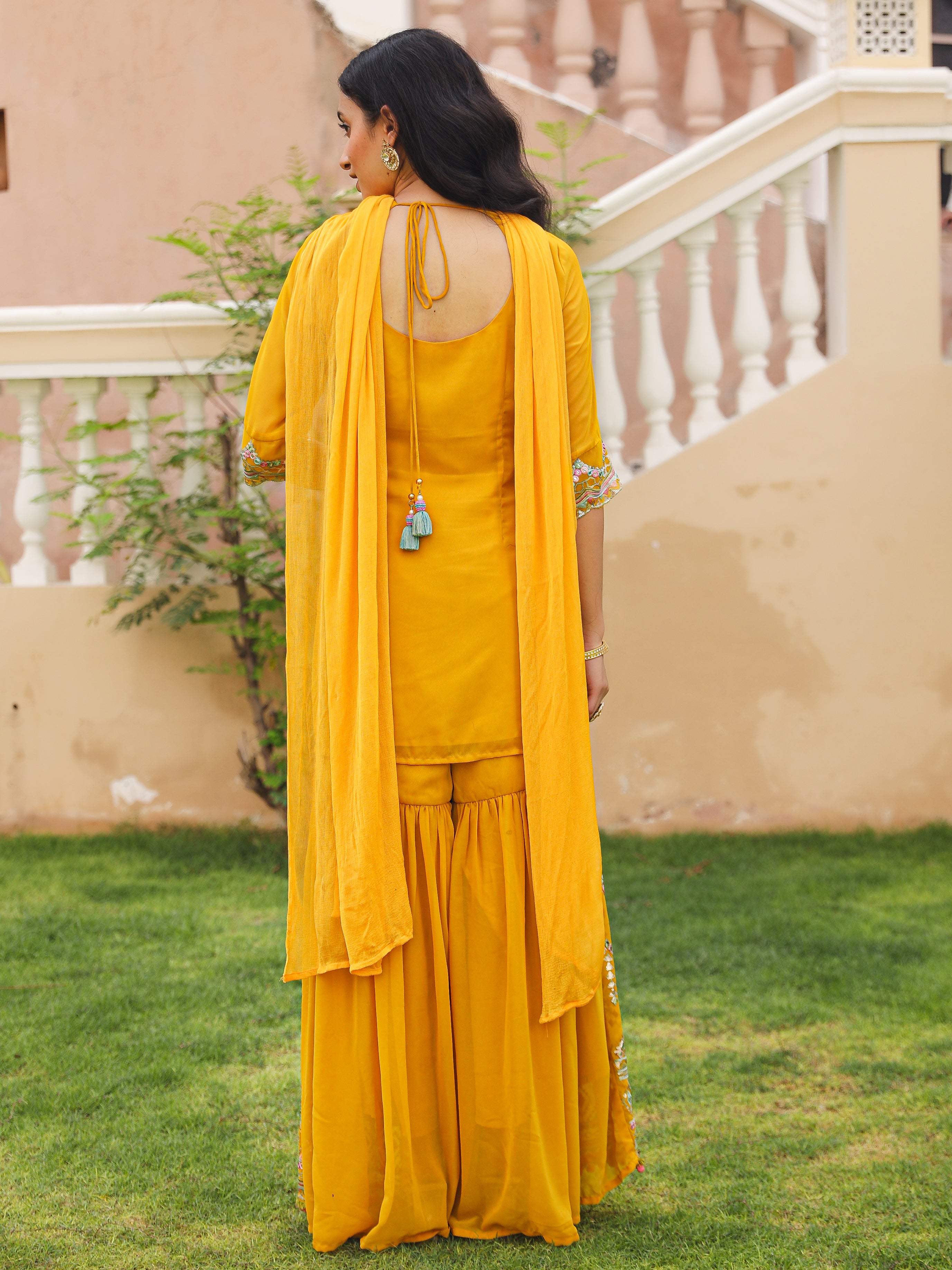 Mustard Thread Embroidered Georgette Kurta Set With Sequins & Mirror Work