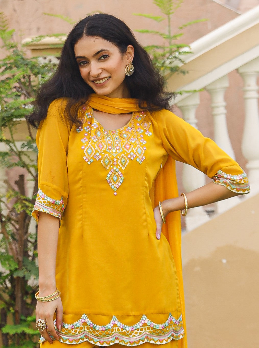 Mustard Thread Embroidered Georgette Kurta Set With Sequins & Mirror Work