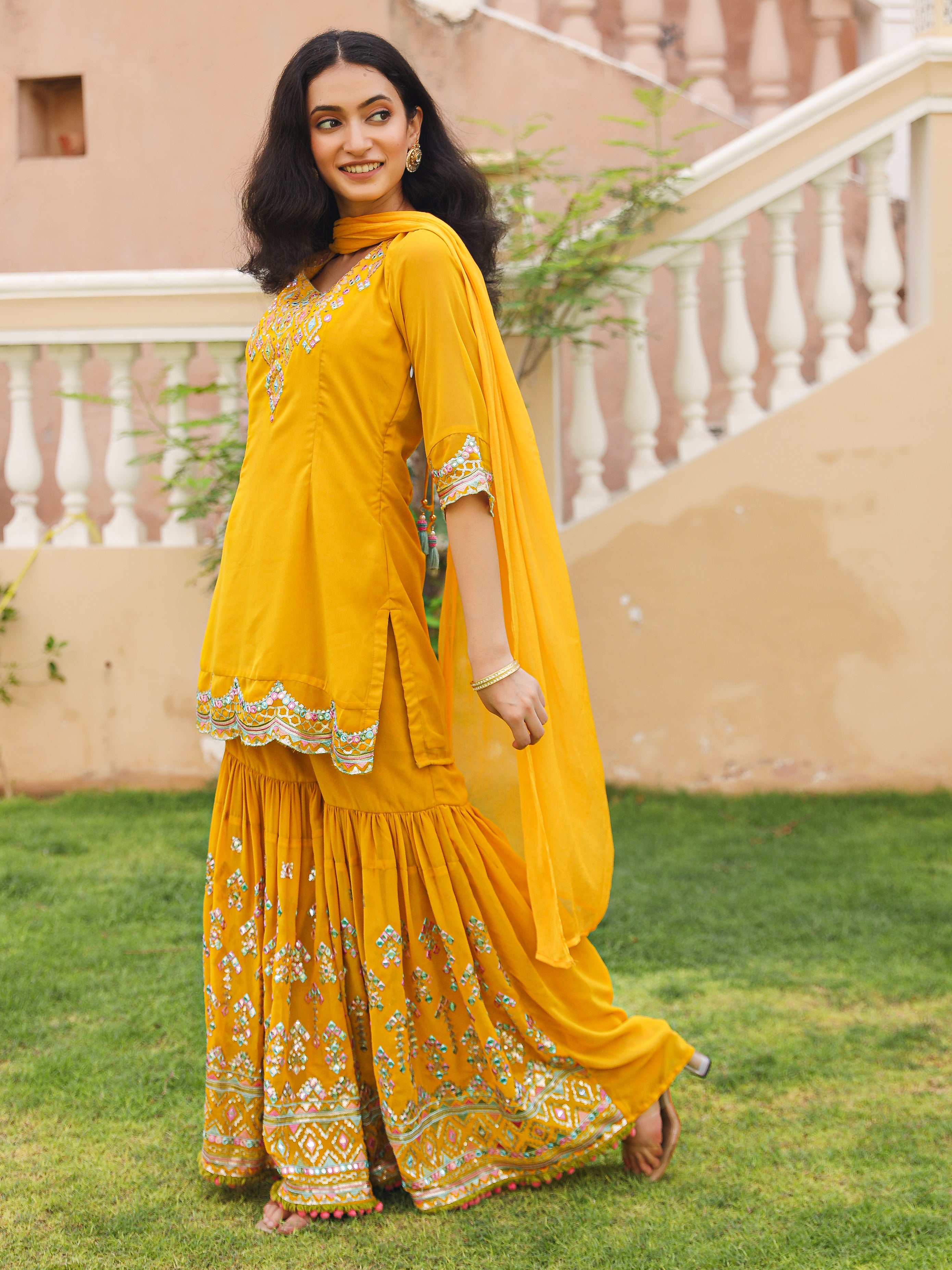 Mustard Thread Embroidered Georgette Kurta Set With Sequins & Mirror Work