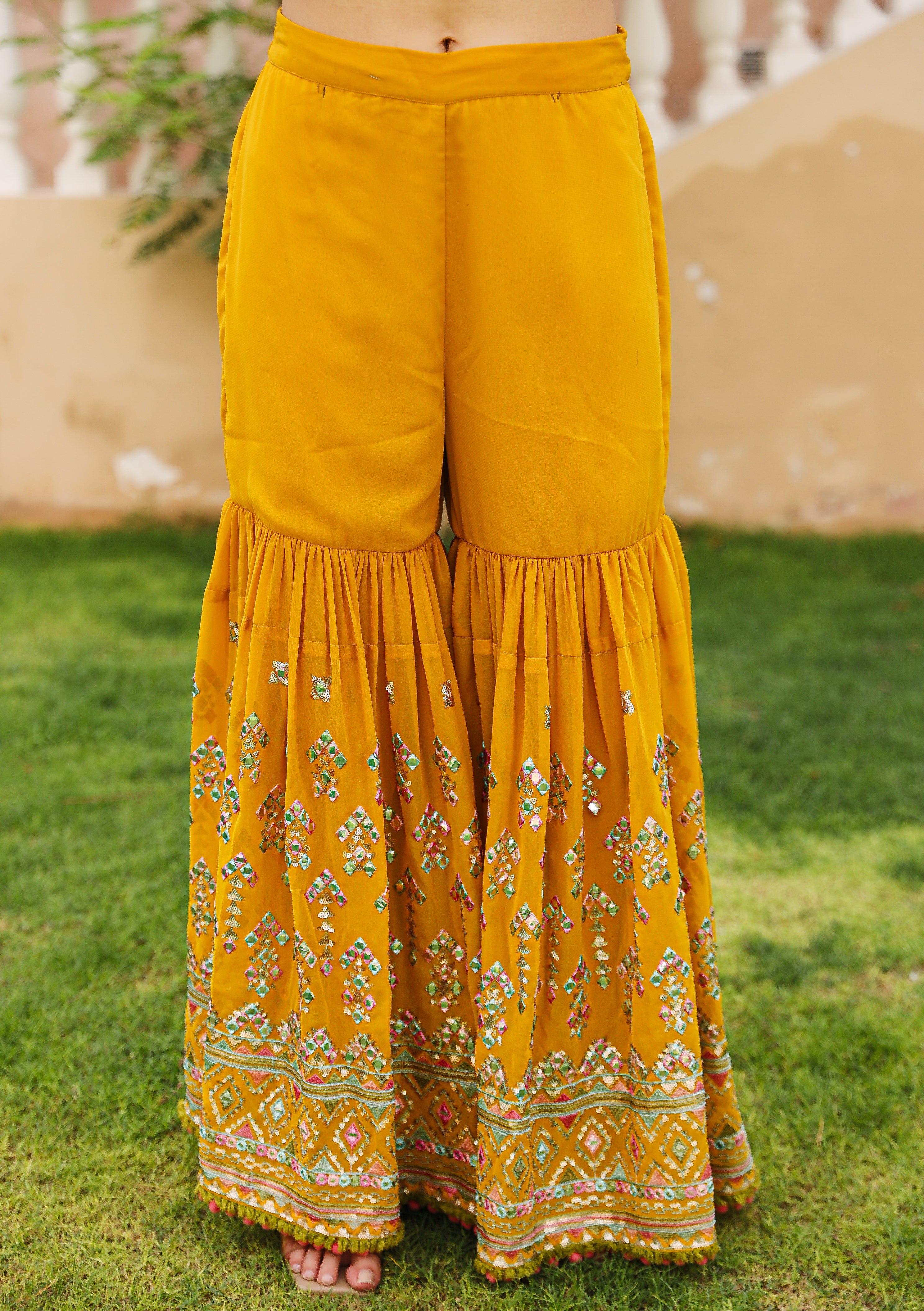 Mustard Thread Embroidered Georgette Kurta Set With Sequins & Mirror Work