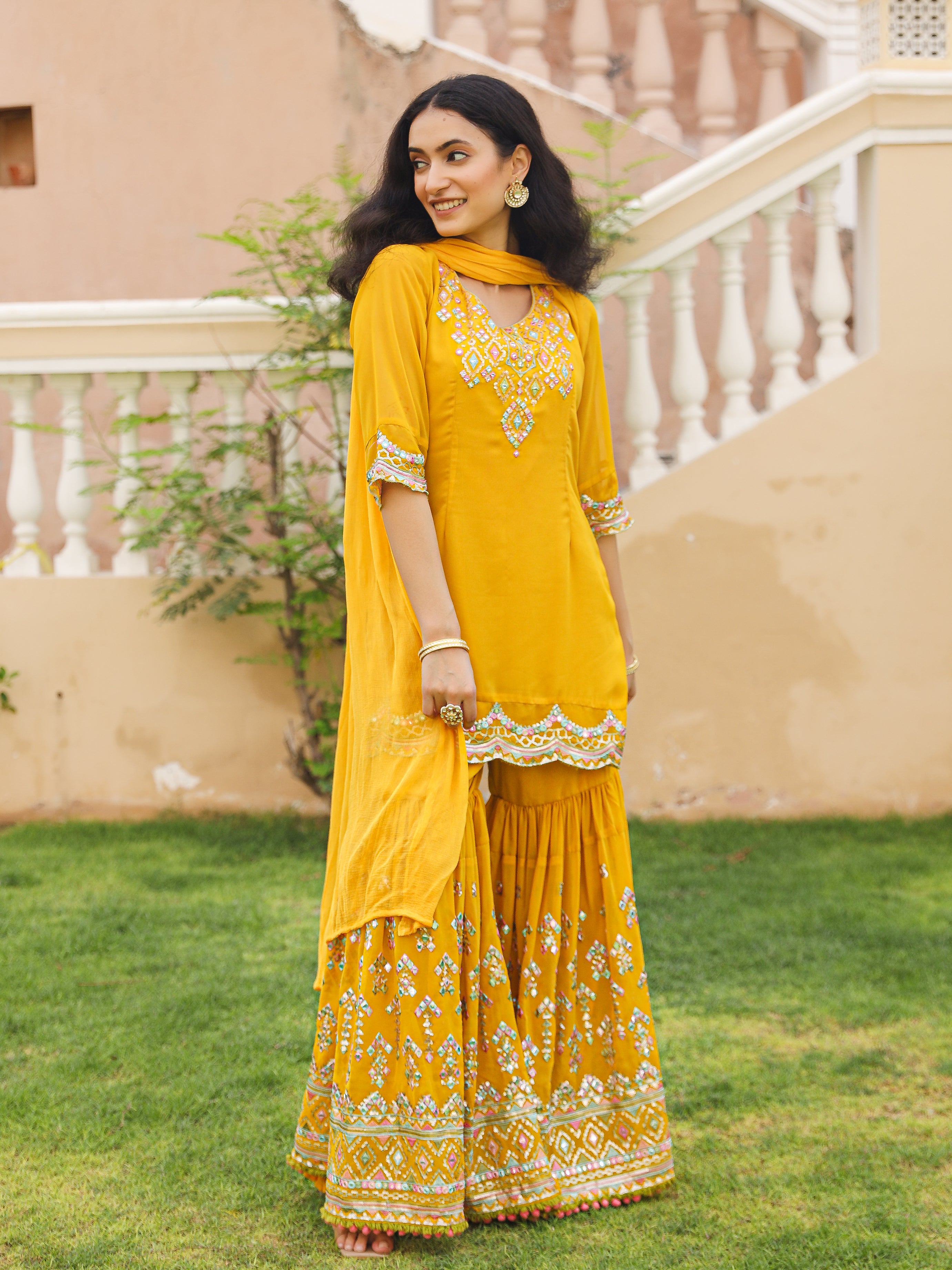 Mustard Thread Embroidered Georgette Kurta Set With Sequins & Mirror Work