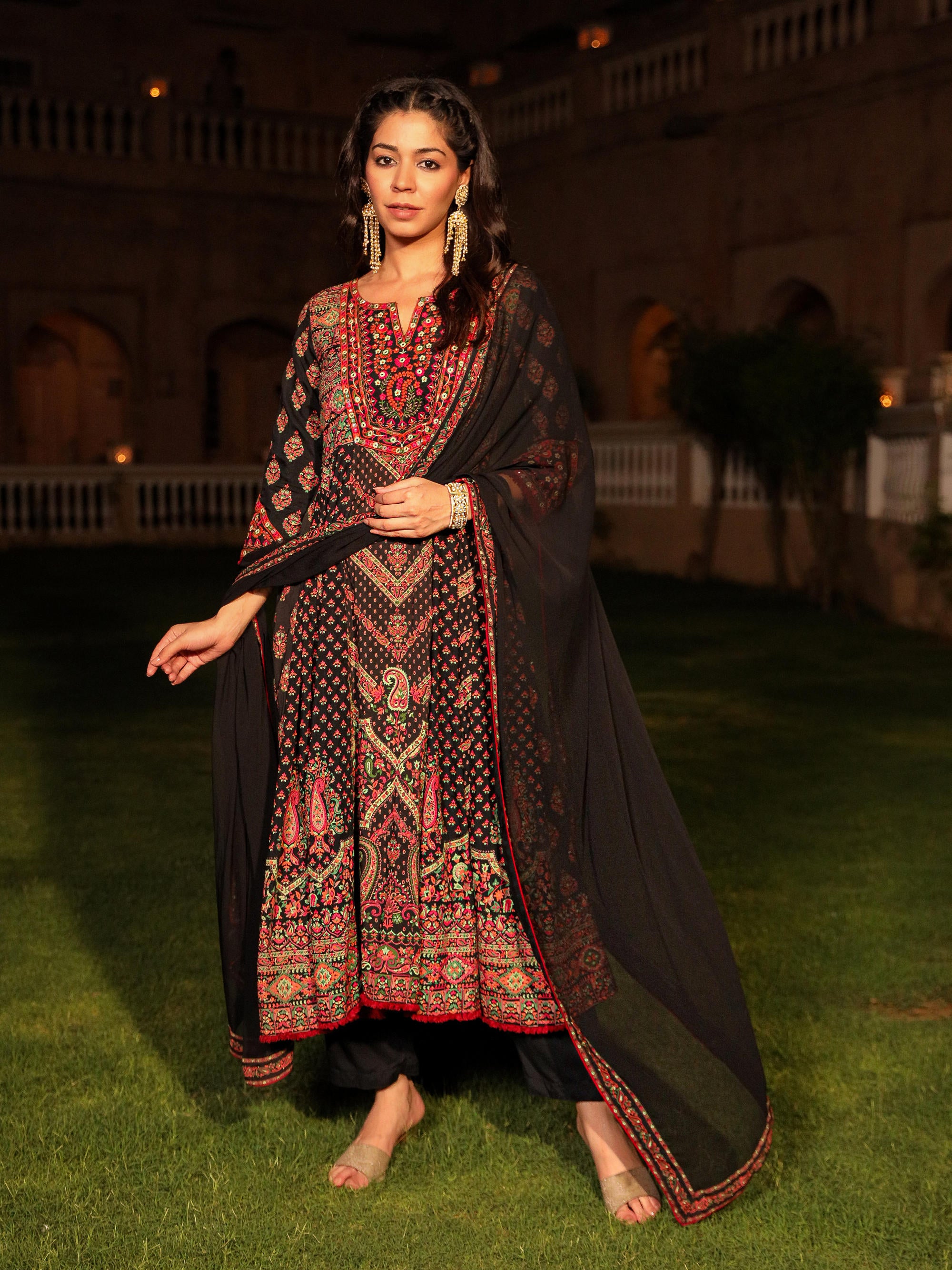 Black Ethnic Motif Printed Rayon Kurta Palazzo And Dupatta With thread & Mirror Work