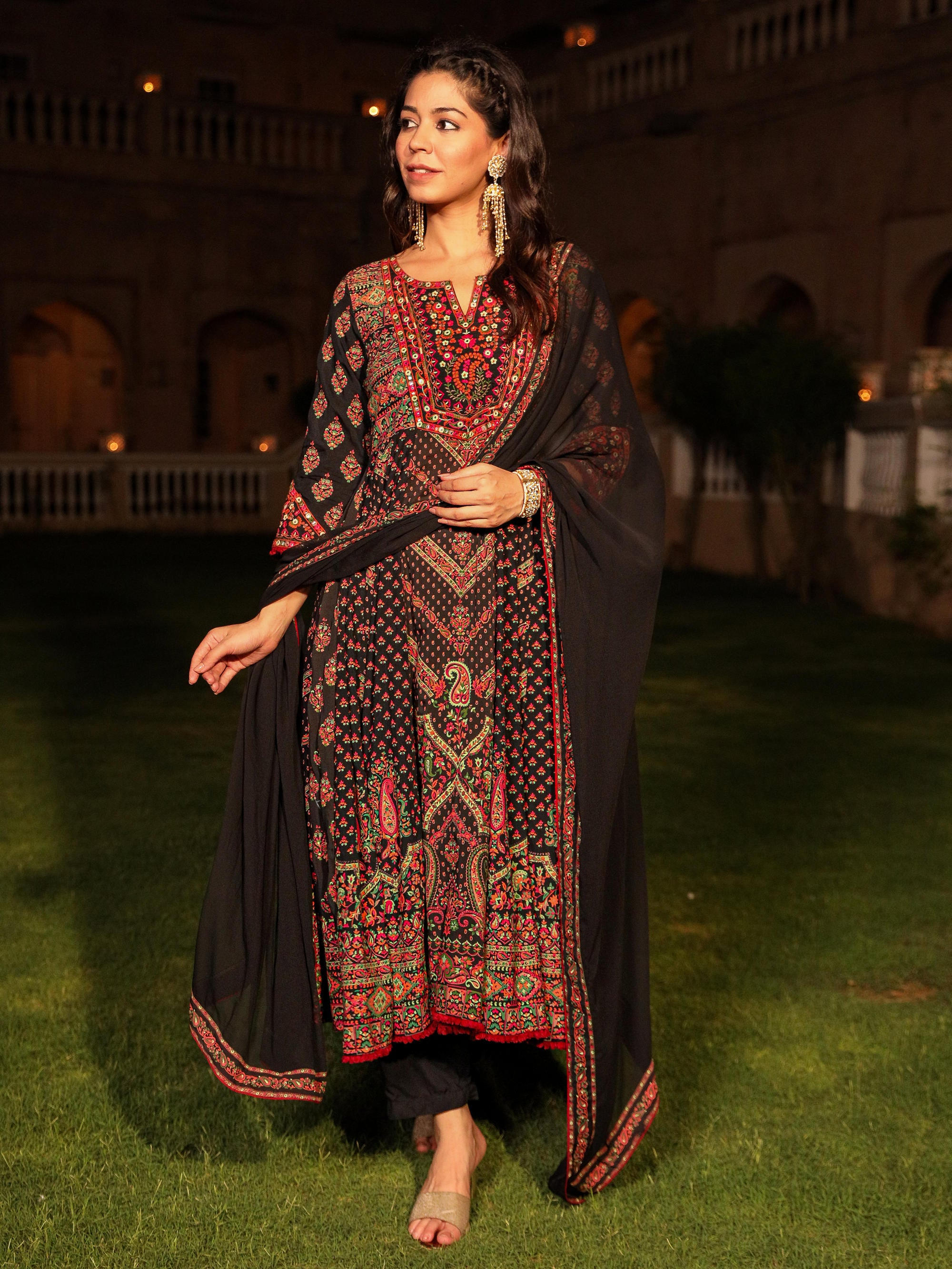 Black Ethnic Motif Printed Rayon Kurta Palazzo And Dupatta With thread & Mirror Work