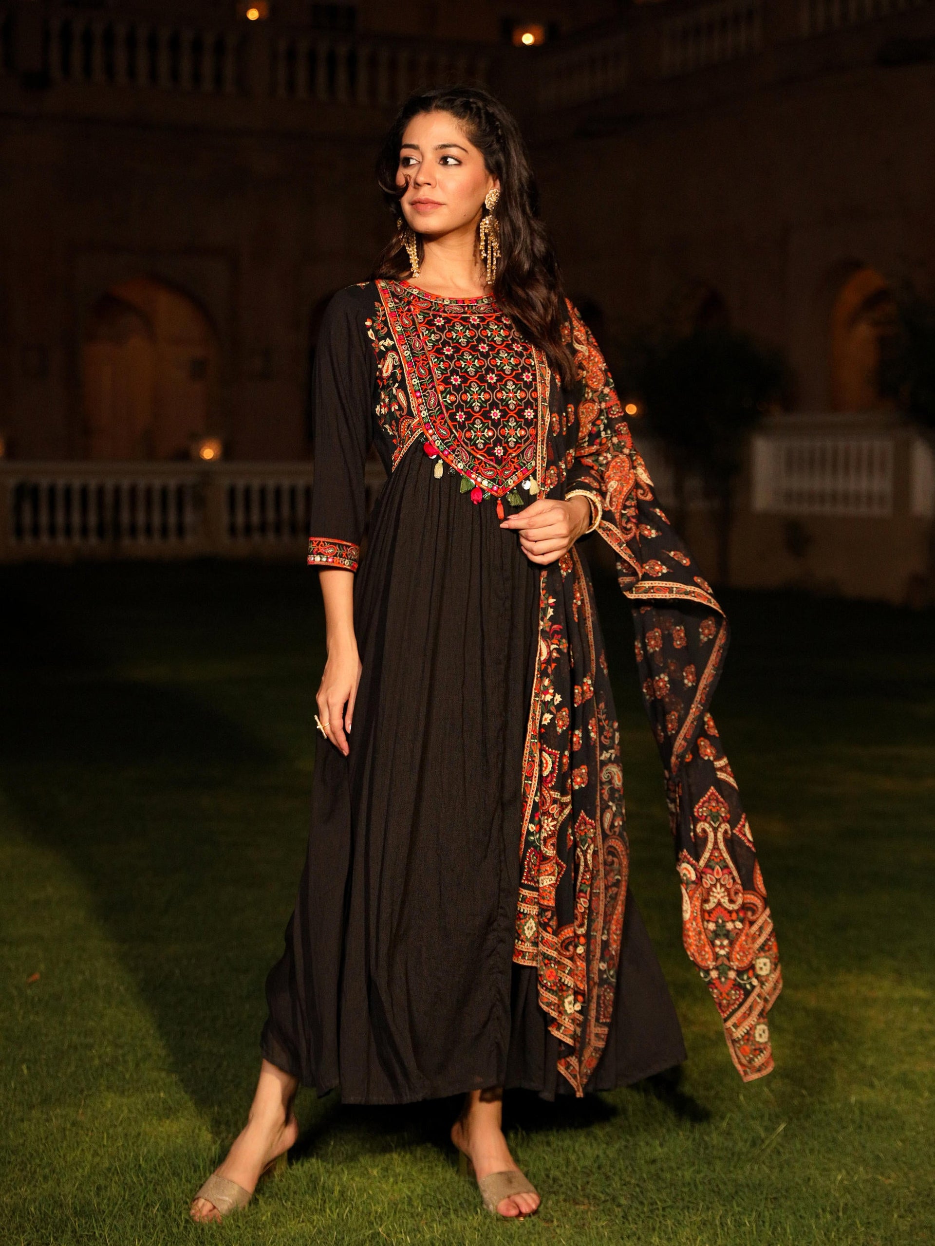 Black Thread Embroidered Cotton Dress & Dupatta With Tassels & Mirror