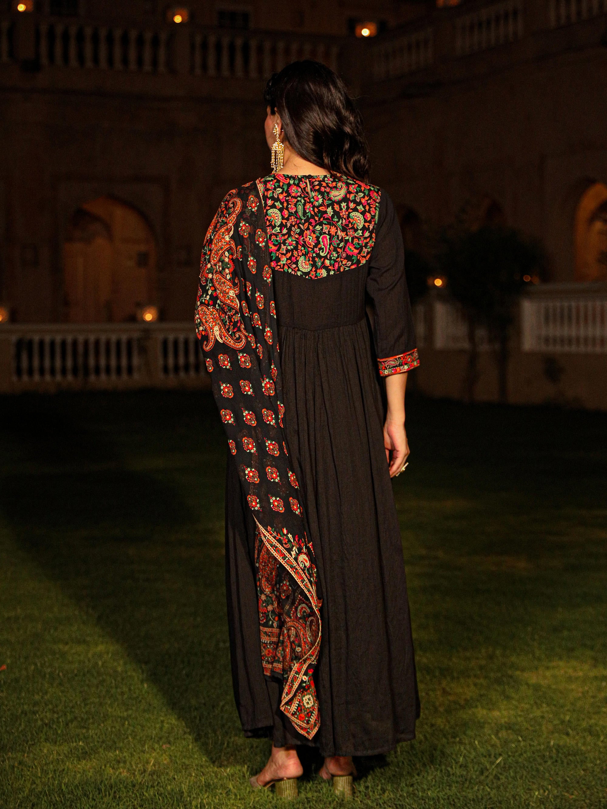 Black Thread Embroidered Cotton Dress & Dupatta With Tassels & Mirror Work