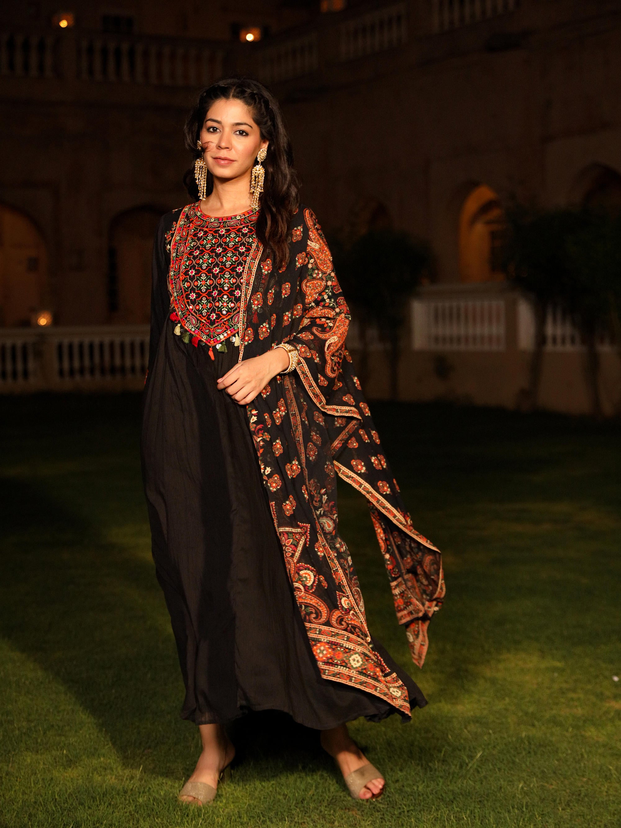 Black Thread Embroidered Cotton Dress & Dupatta With Tassels & Mirror Work