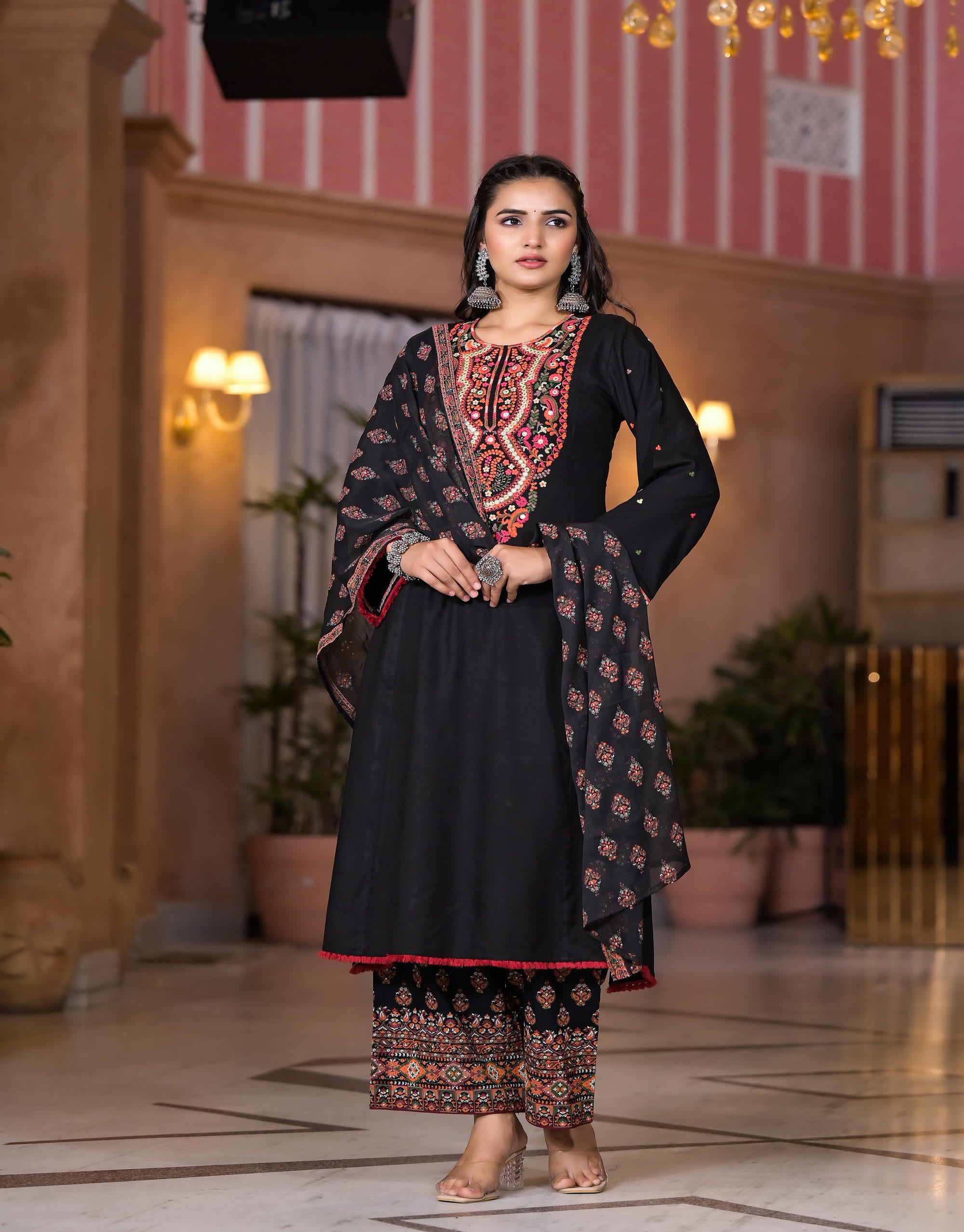 Black Thread Embroidered Rayon Kurta Set With Mirror Work