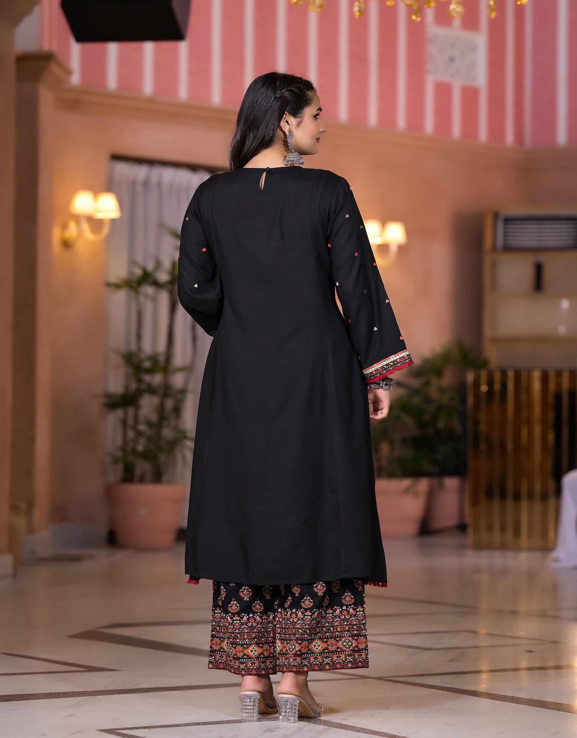 Black Thread Embroidered Rayon Kurta Set With Mirror Work