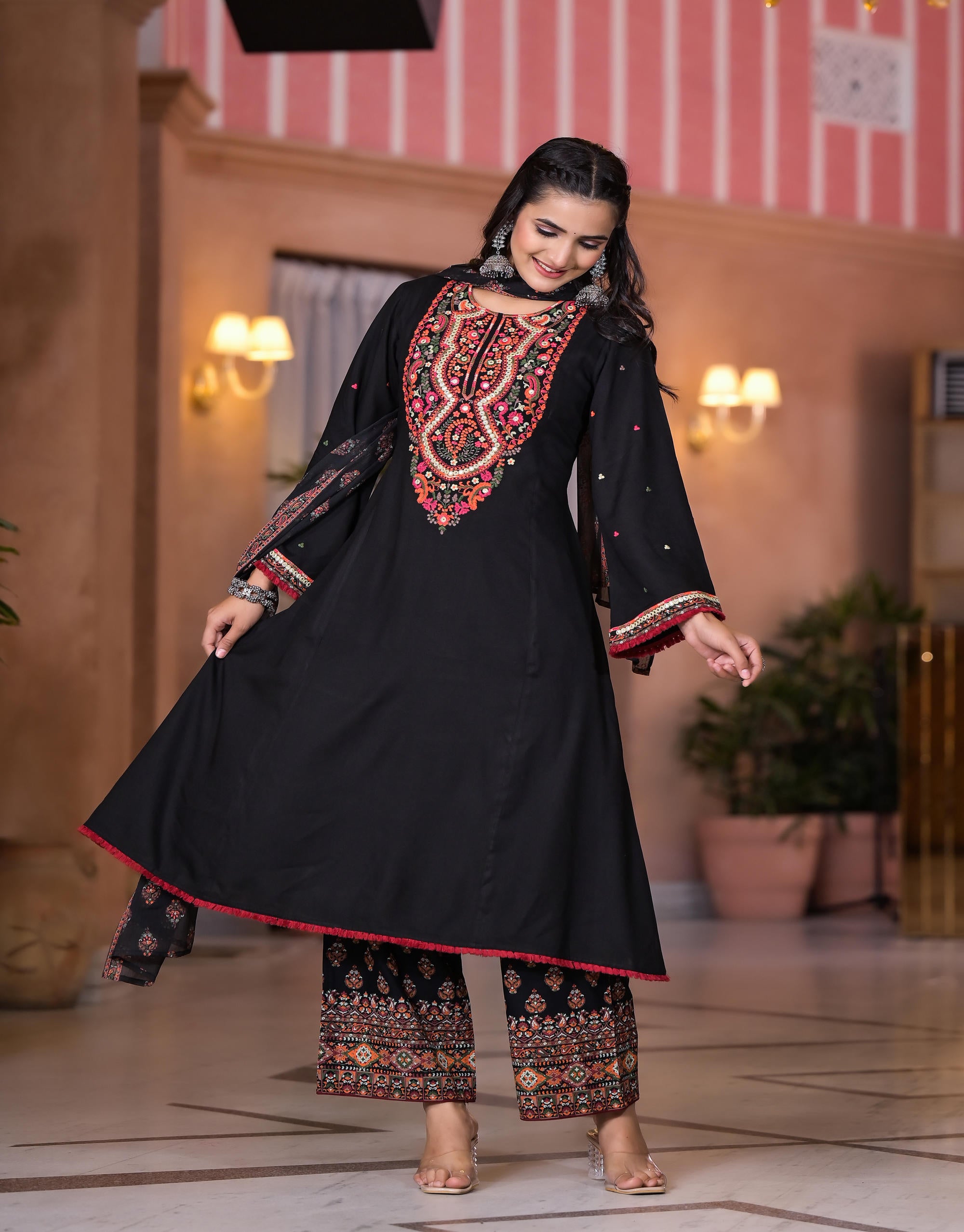 Black Thread Embroidered Rayon Kurta Set With Mirror Work