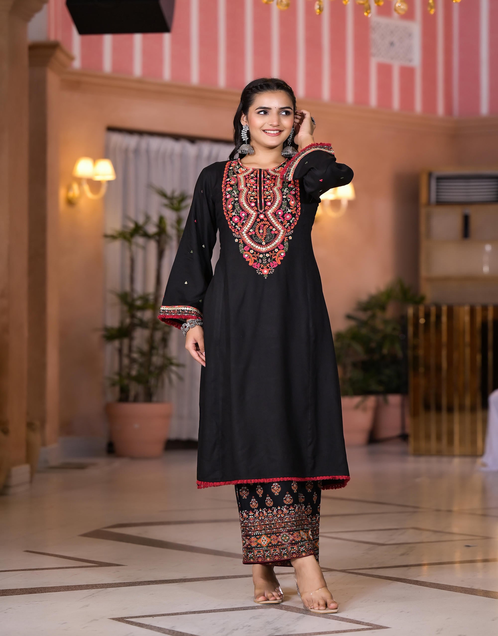 Black Thread Embroidered Rayon Kurta Set With Mirror Work