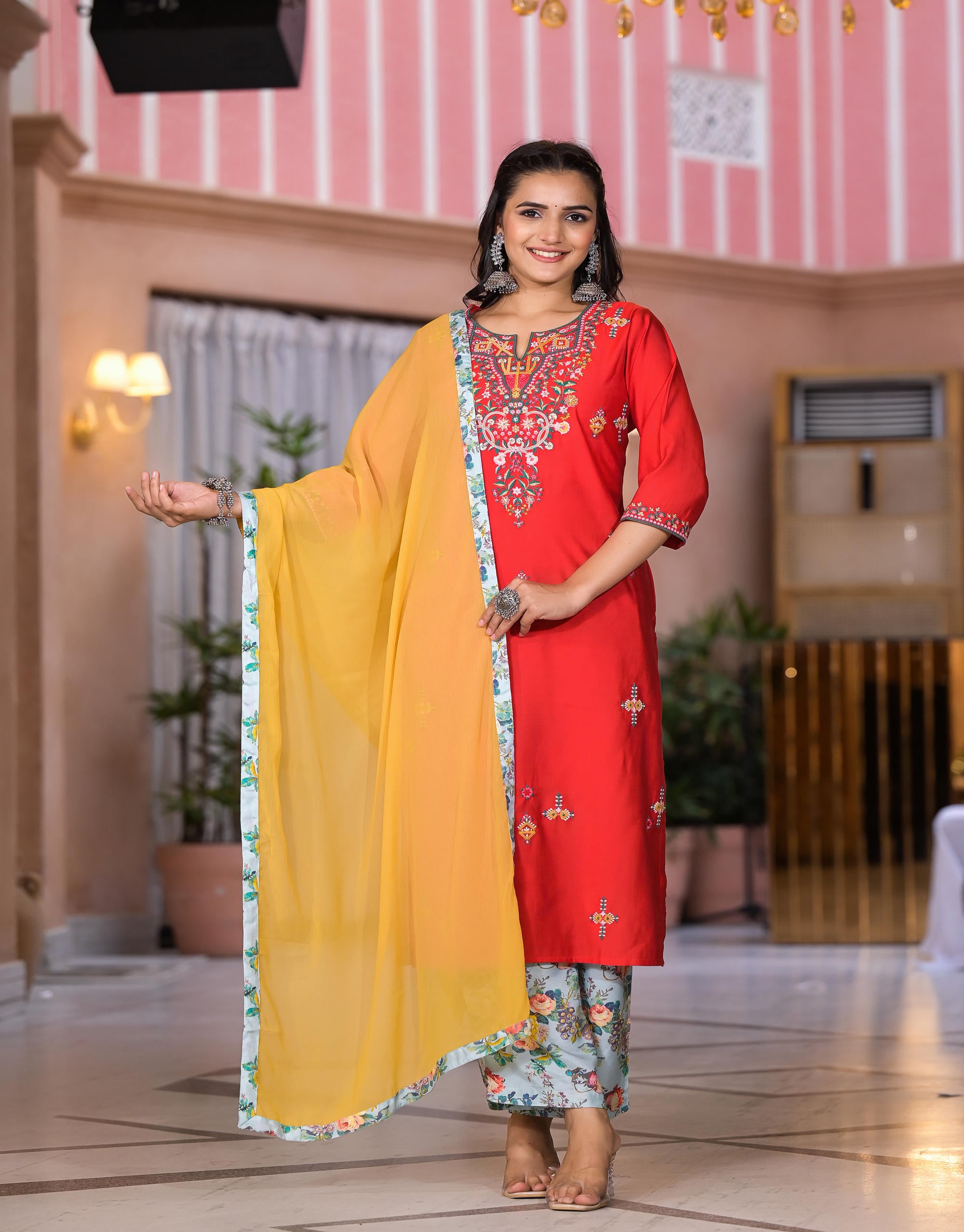 Multi Color Floral Printed Viscose Kurta Set With Mirror & Thread Work