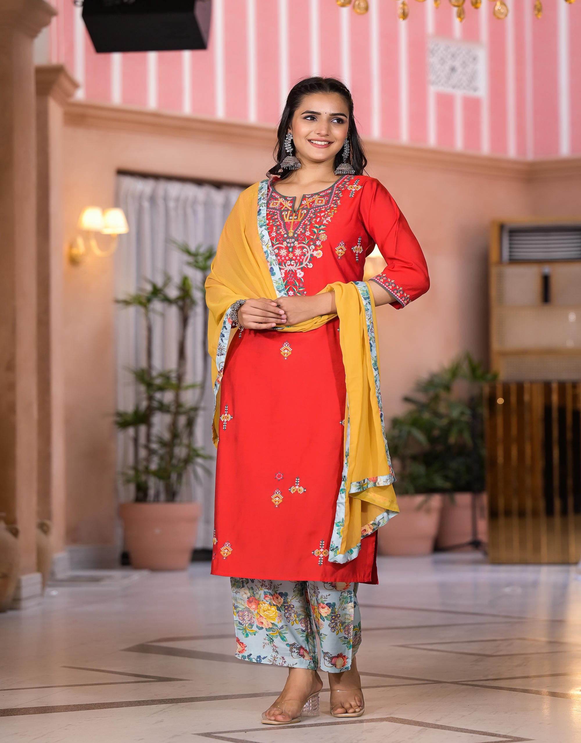 Multi Color Floral Printed Viscose Kurta Set With Mirror & Thread Work