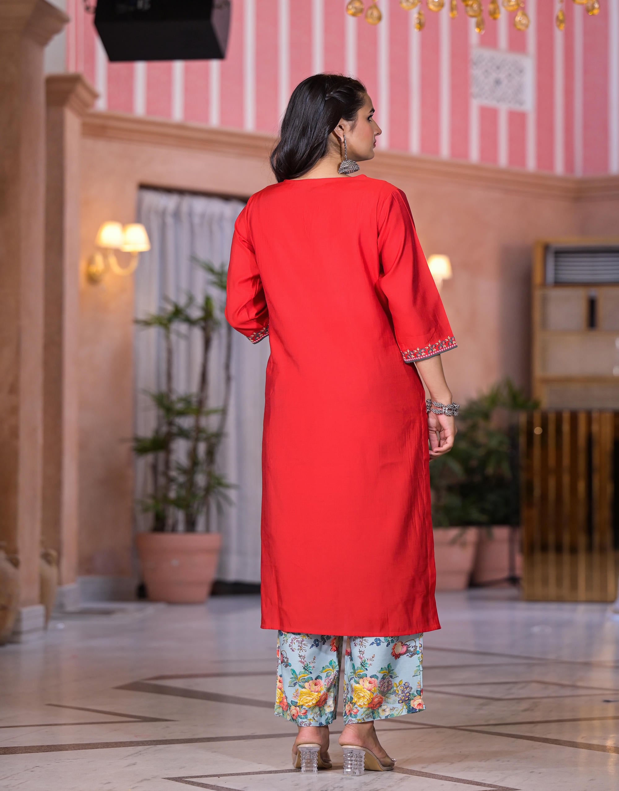 Multi Color Floral Printed Viscose Kurta Set With Mirror & Thread Work