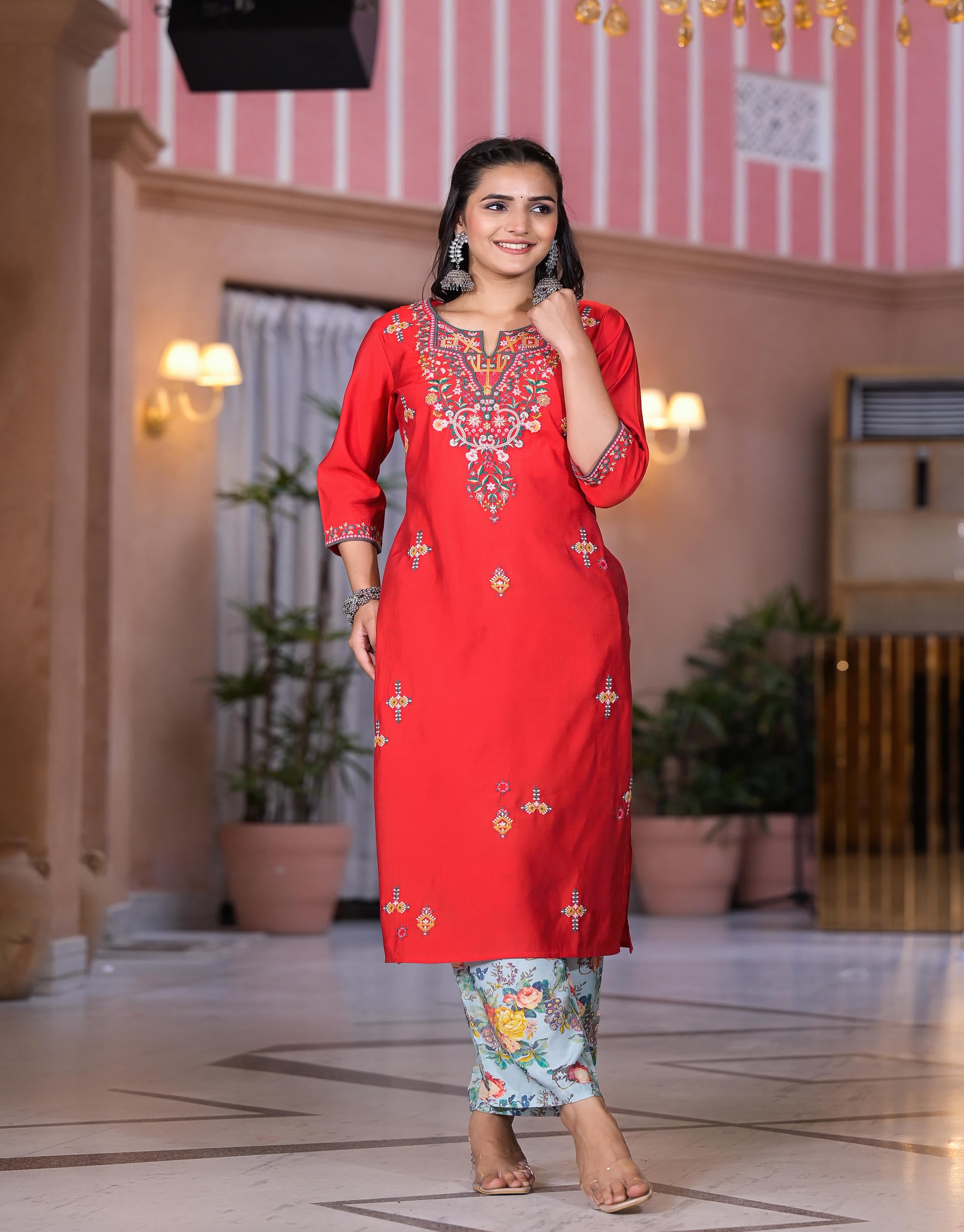 Multi Color Floral Printed Viscose Kurta Set With Mirror & Thread Work