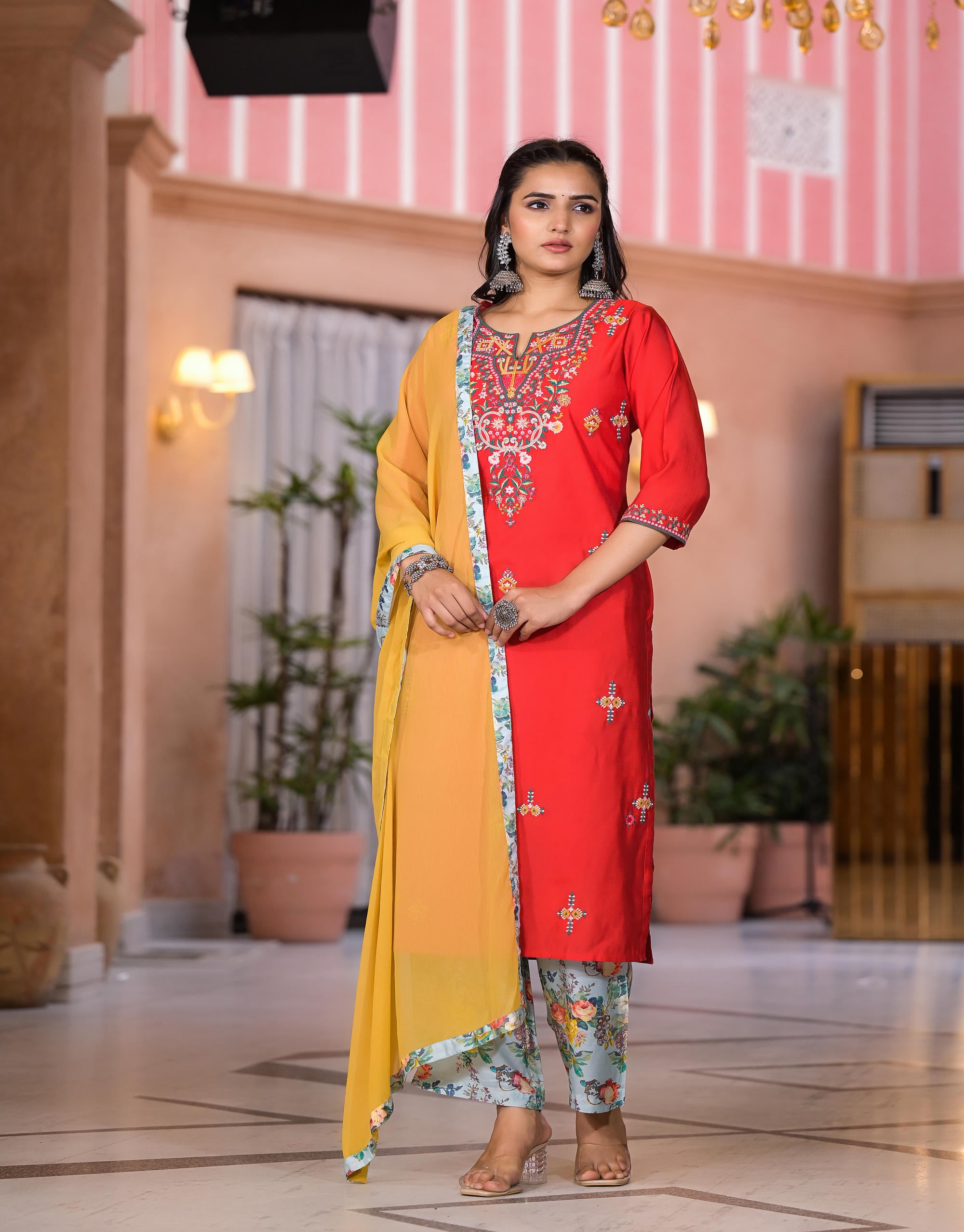 Multi Color Floral Printed Viscose Kurta Set With Mirror & Thread Work